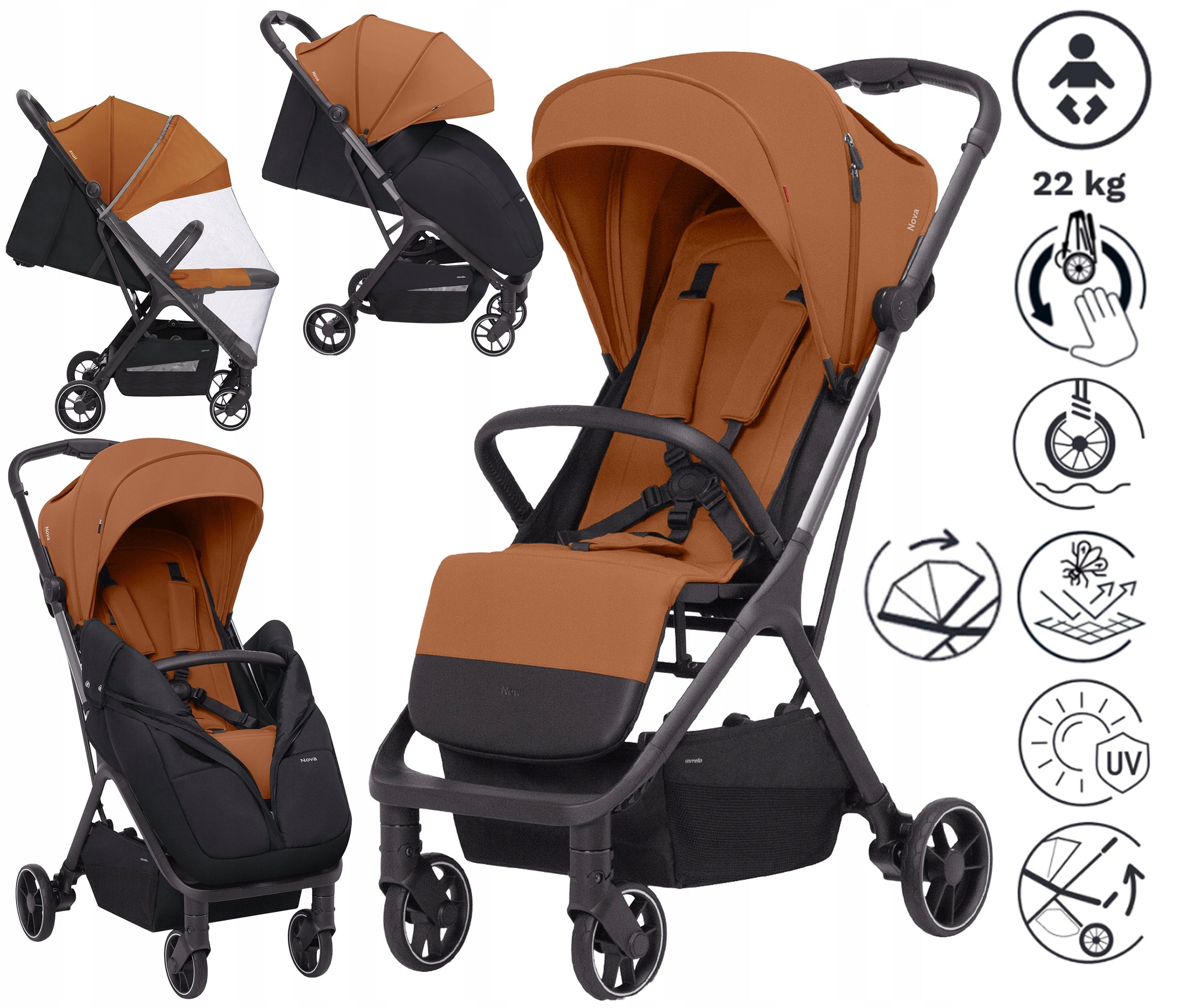 STROLLER 7,5 KG ADJUSTABLE LARGE WHEELS + MOSQUITO NET ACCESSORIES 0-22 KG Manufacturer code CRL-5521