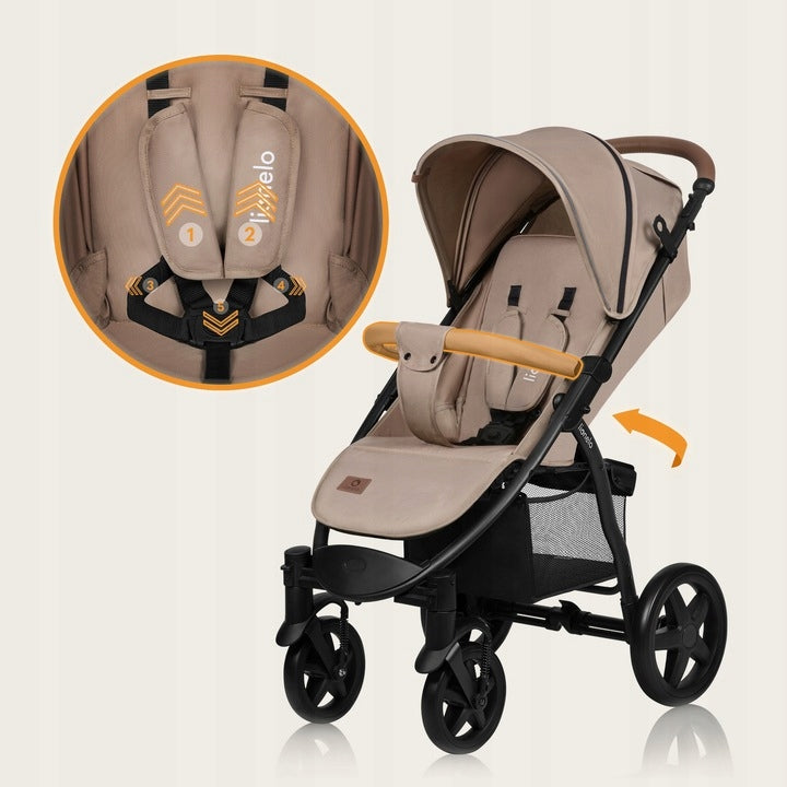 STROLLER LIONELO ANNET LARGE MOSQUITO NET WHEELS UP TO 22KG LEG GUARD Color shades of brown and beige