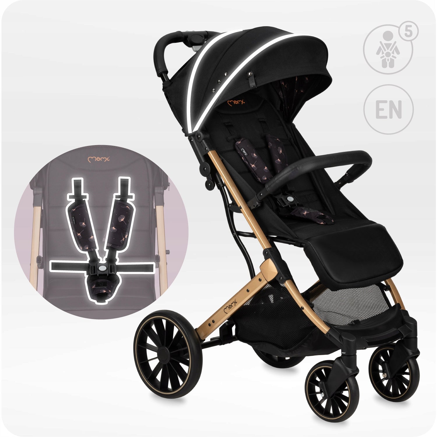 STROLLER MOMI ESTELLE DAKAR UP TO 22KG LARGE OFF-ROAD WHEEL BLACK Color black shades of yellow and gold