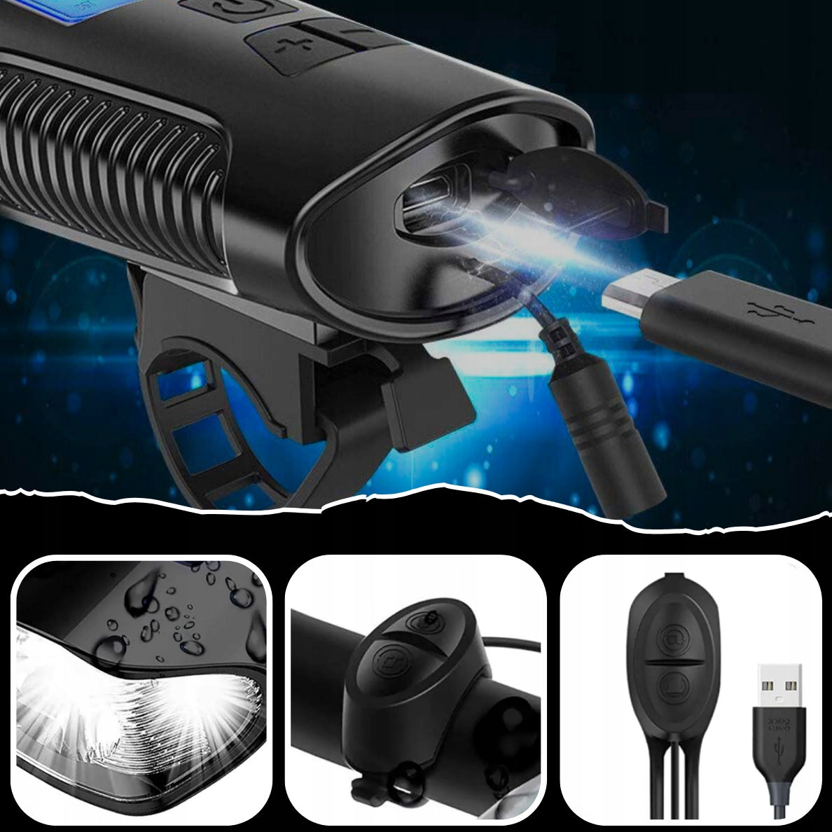 STRONG BICYCLE LIGHT FRONT REAR LED COUNTER LOUD BELL BATTERY Color black