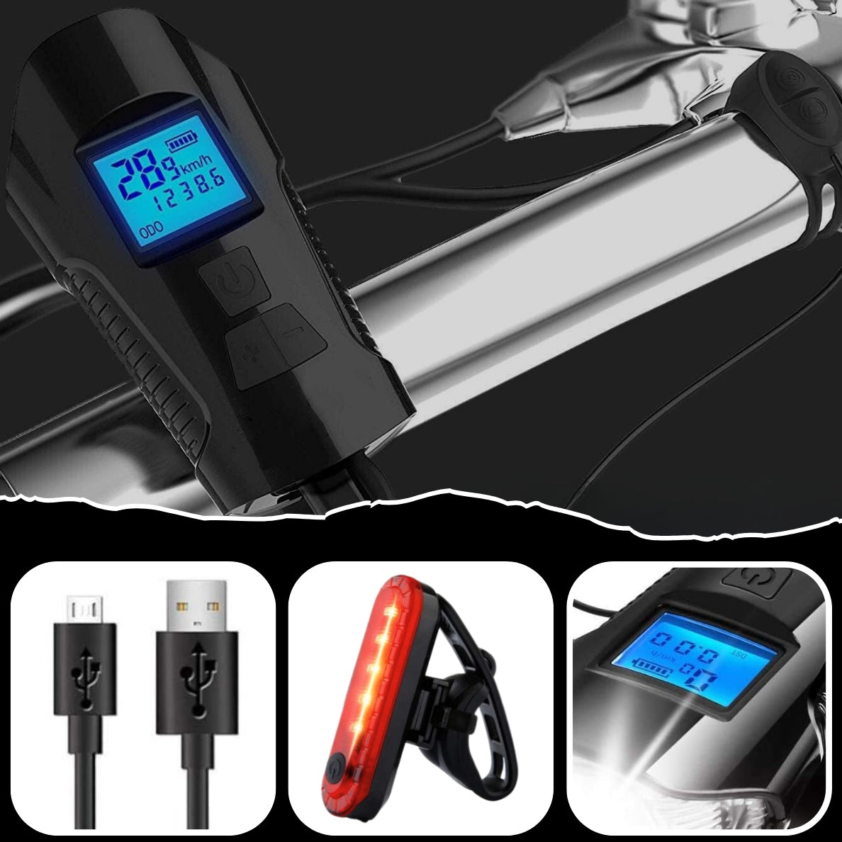 STRONG BICYCLE LIGHT FRONT REAR LED COUNTER LOUD BELL BATTERY Model 918