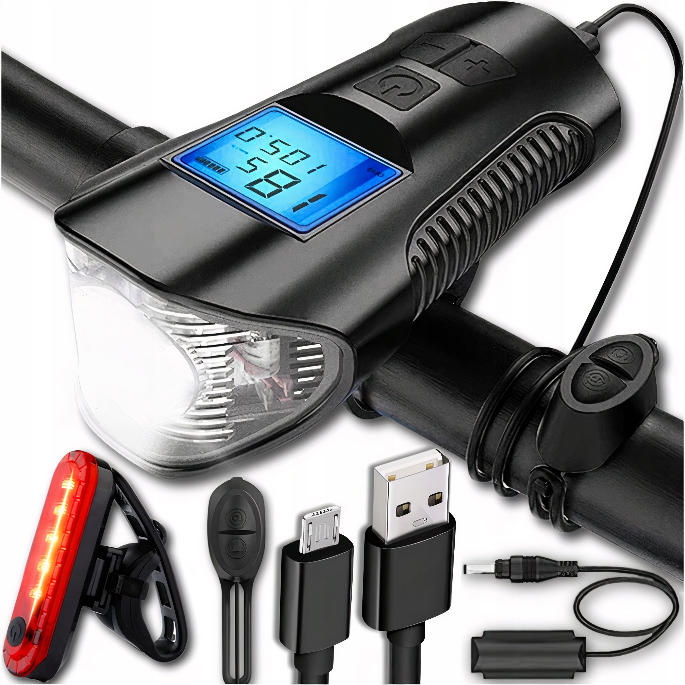 STRONG BICYCLE LIGHT FRONT REAR LED COUNTER LOUD BELL BATTERY