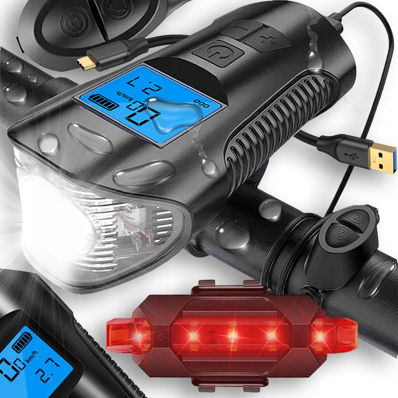 STRONG BICYCLE LIGHT FRONT REAR LED COUNTER LOUD BELL BATTERY
