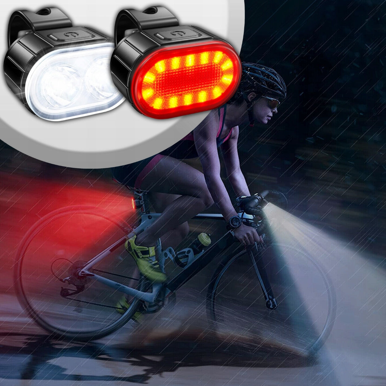 STRONG BIKE LIGHT RECHARGEABLE LED FLASHLIGHT USB FRONT + BACK SET Light beam 800 lm