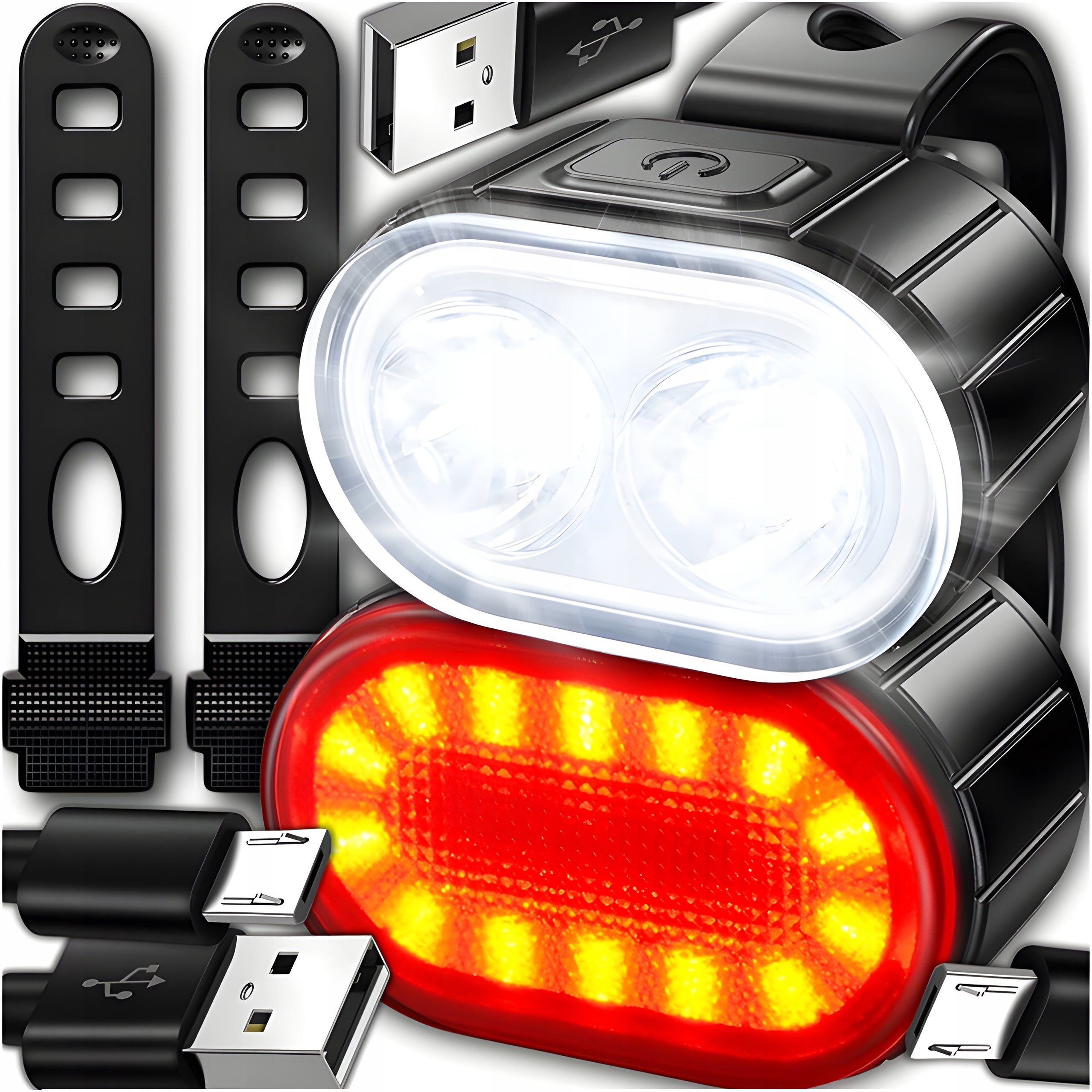 STRONG BIKE LIGHT RECHARGEABLE LED FLASHLIGHT USB FRONT + BACK SET