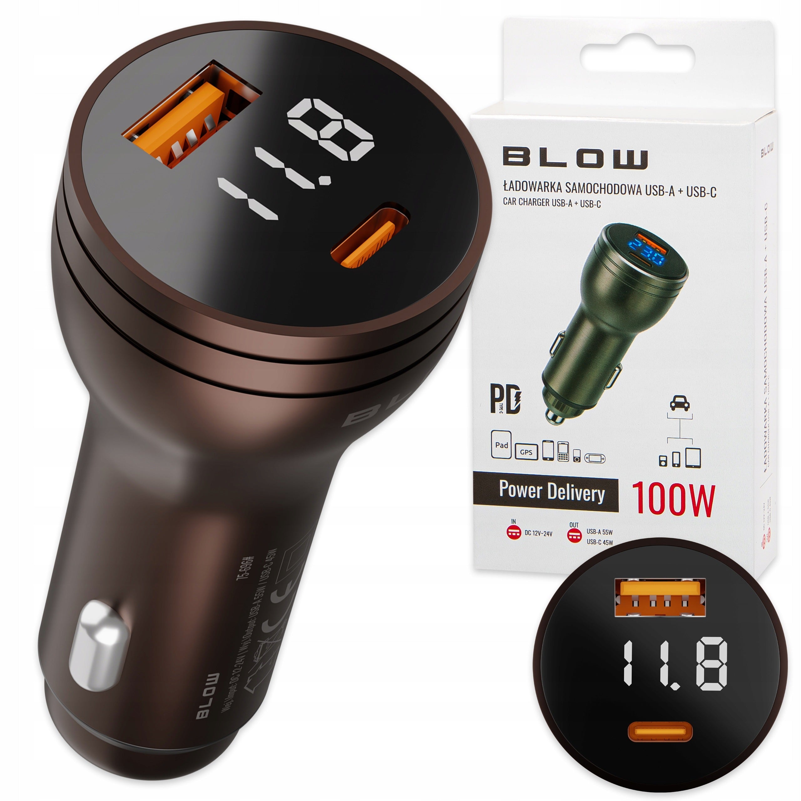 STRONG CAR CHARGER FAST CHARGING PD QC 100W USB USB-C METER