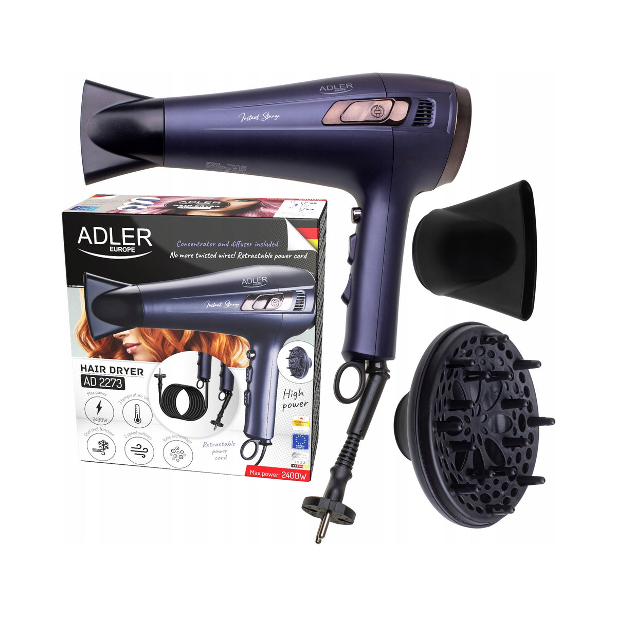 STRONG DRYER ADLER 2400W COILED CORD + DIFFUSER + COOL BLOWER