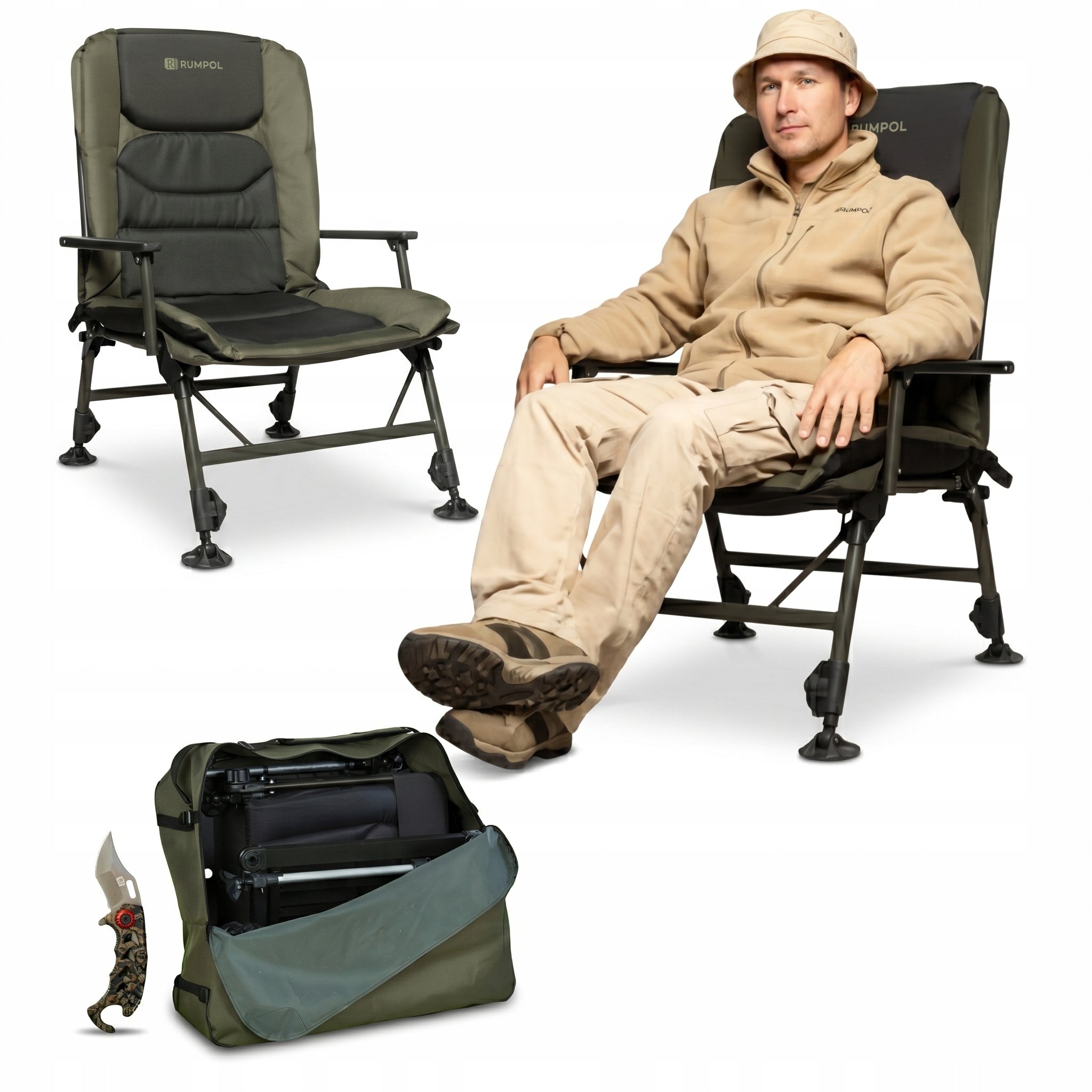 STRONG FISHING CHAIR RUMPOL ADJUSTABLE BACKREST UP TO 160KG KNIFE BAG 210018