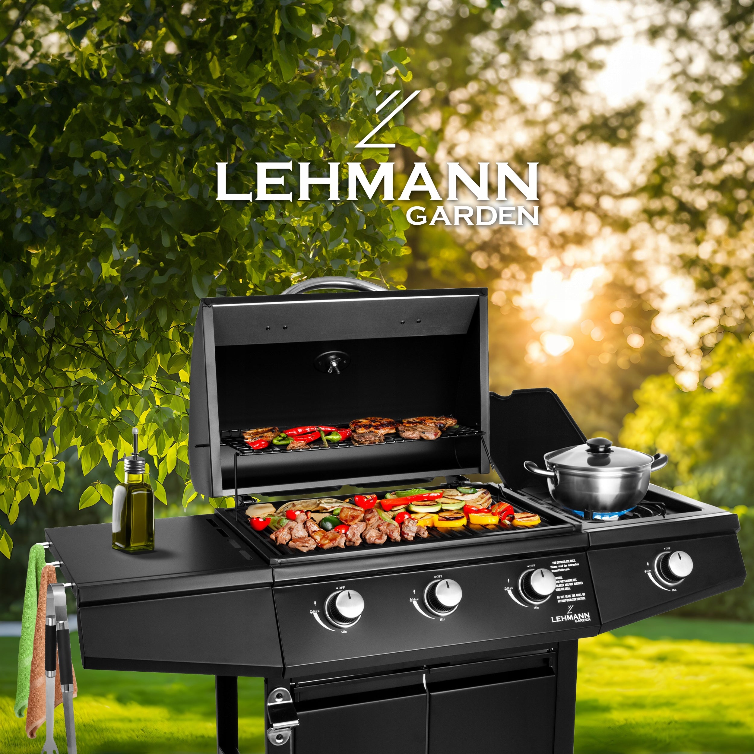 STRONG GAS GRILL STEEL CAST IRON GRATE 3+1 TEXAS BLACK SET +COVER Manufacturer code Mocny grill Gazowy TEXAS_ŻELIWNY_BLACK