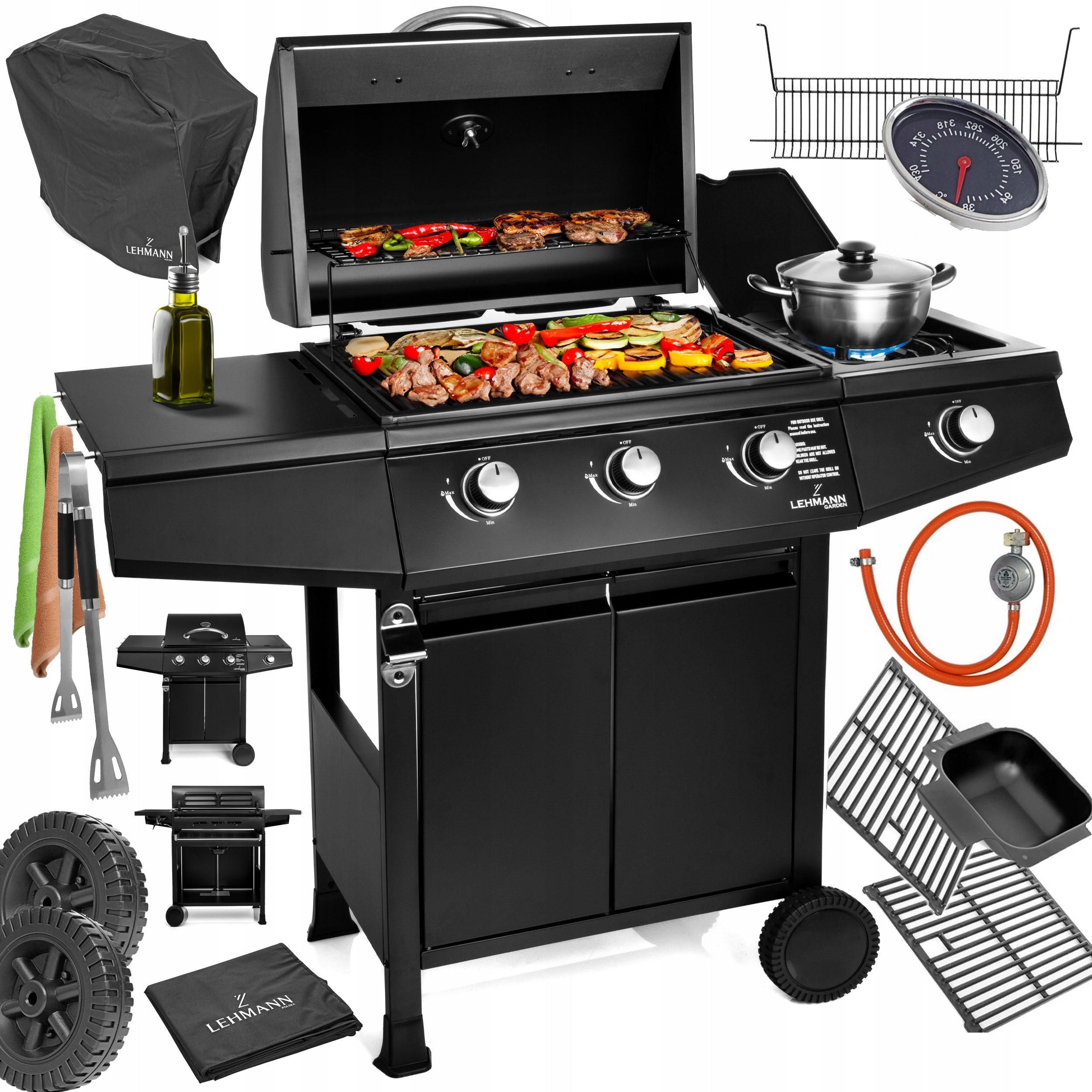 STRONG GAS GRILL STEEL CAST IRON GRATE 3+1 TEXAS BLACK SET +COVER
