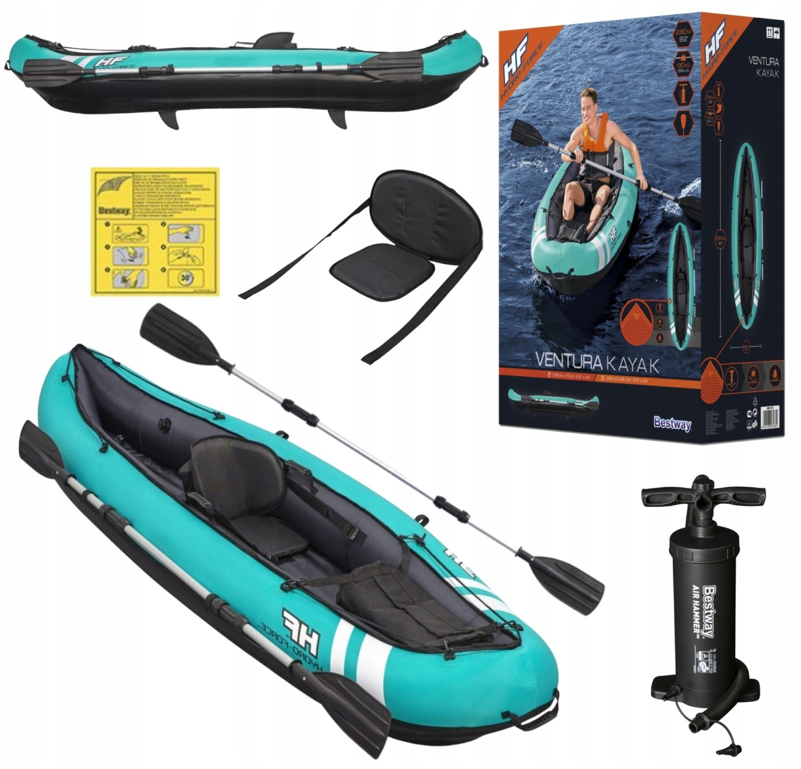 STRONG INFLATABLE KAYAK VENTURA 280x86 cm - BESTWAY 65118 + PUMP + PADDLE