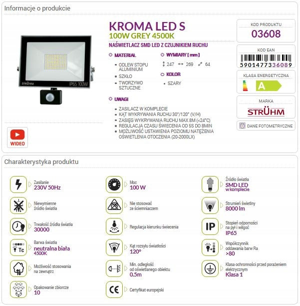 STRUHM Floodlight halogen motion sensor KROMA LED S 100W GREY NW 03608 Brand Struhm