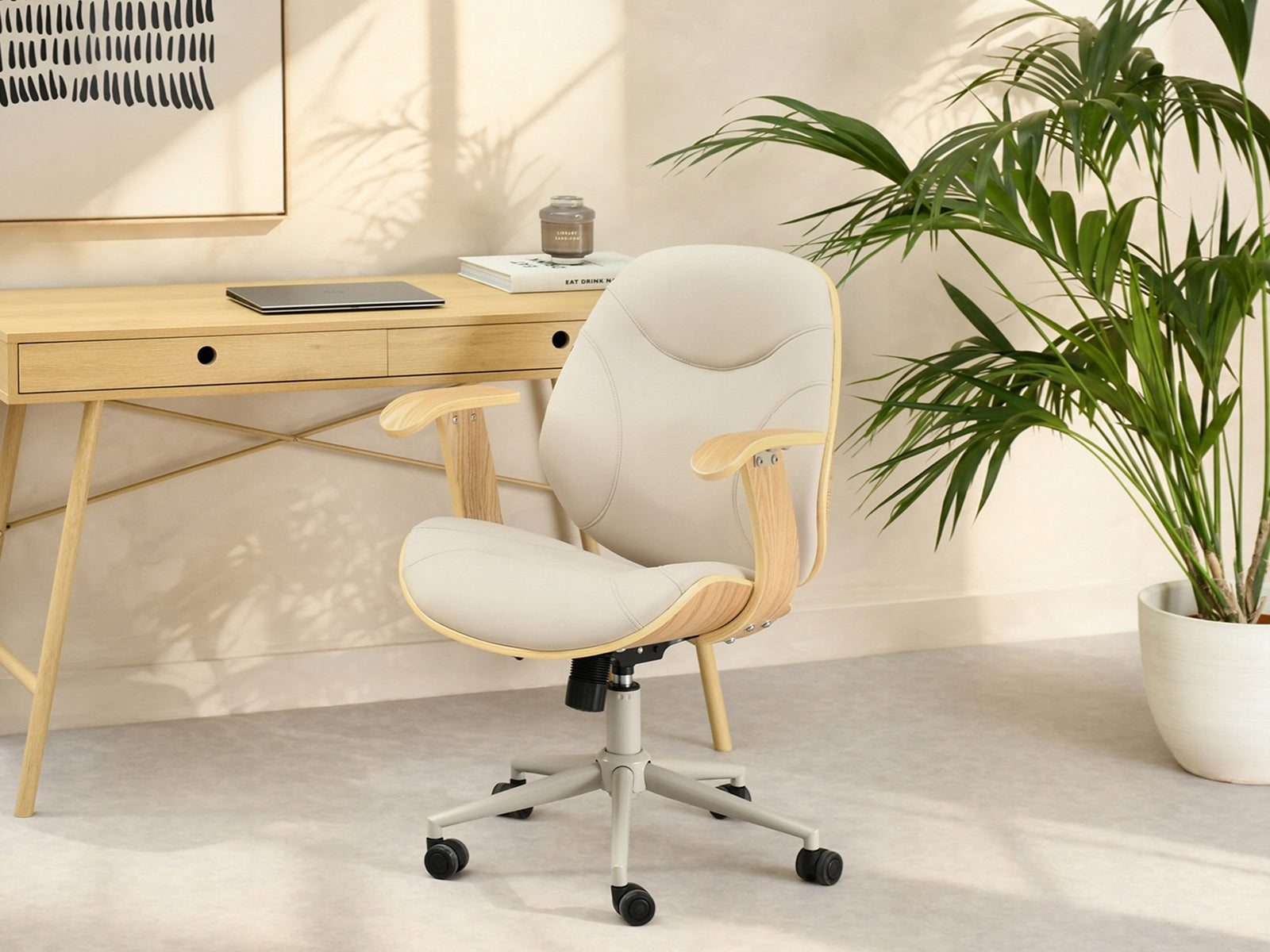 STYLISH BEIGE OFFICE CHAIR LEATHER WOOD BENT OAK RAY BASE BEIGE Manufacturer code 5907698646518