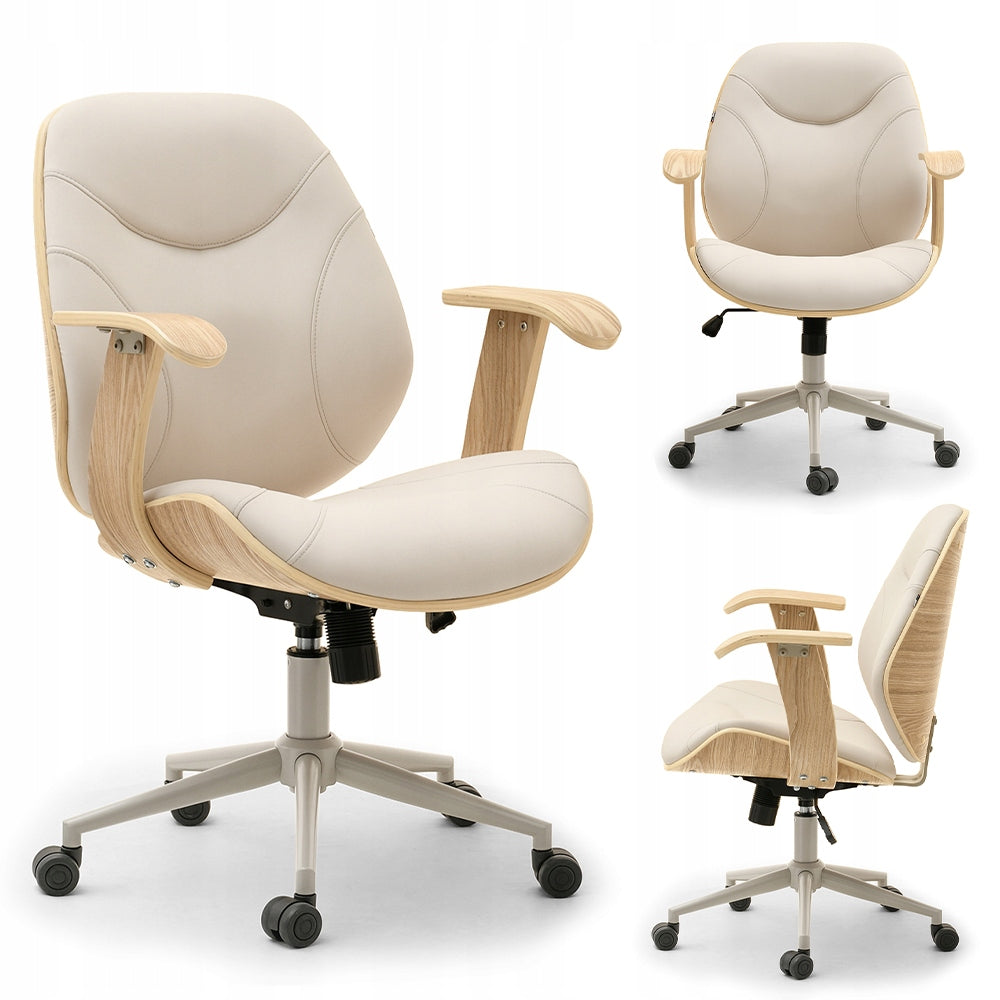 STYLISH BEIGE OFFICE CHAIR LEATHER WOOD BENT OAK RAY BASE BEIGE