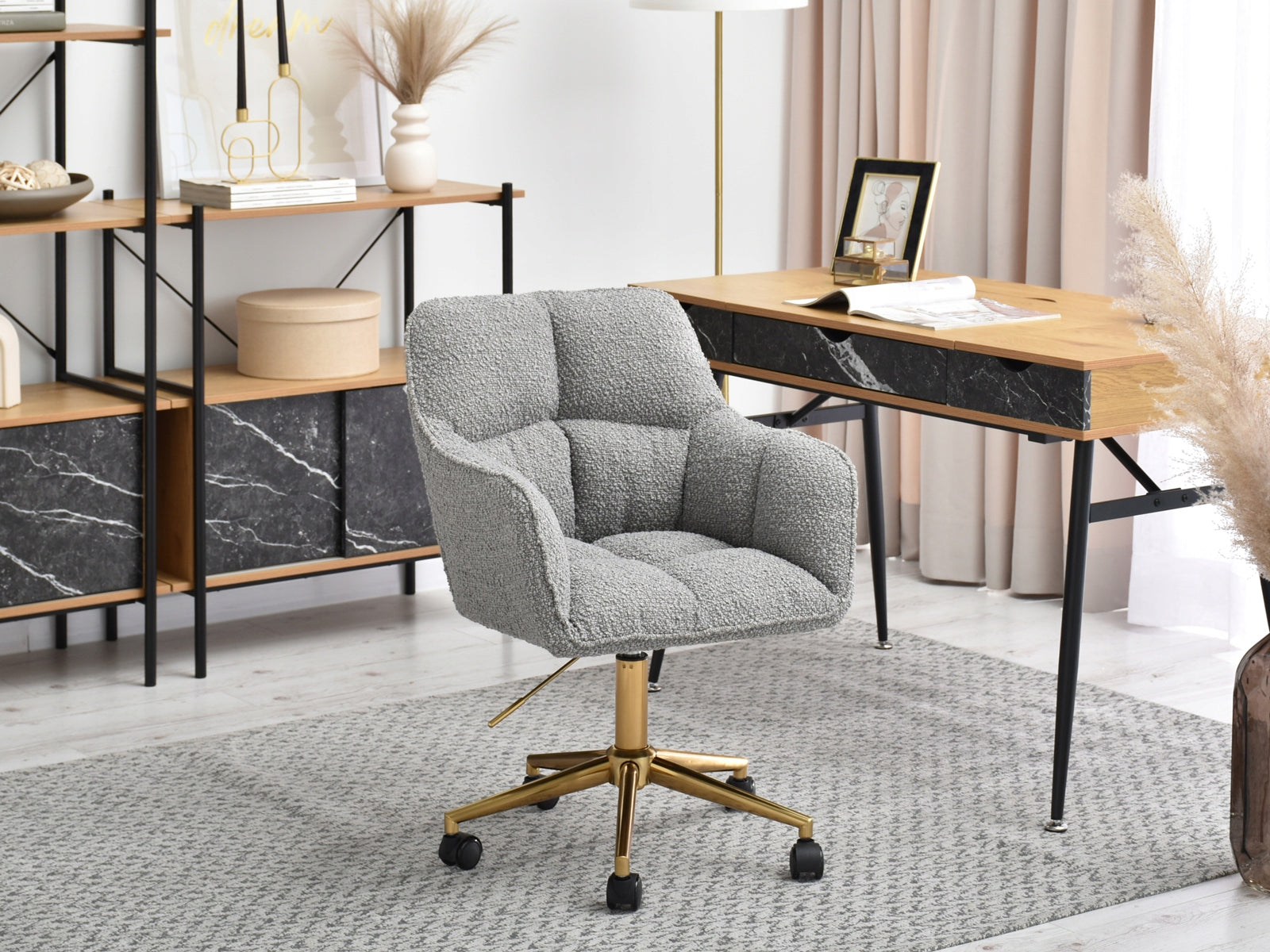 STYLISH DESK VANITY CHAIR ISLA LAMB BOUCLE GREY BASE GOLD Brand Mebel-Partner