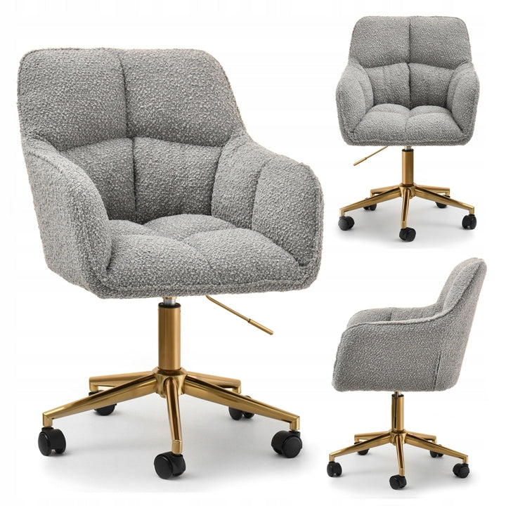 STYLISH DESK VANITY CHAIR ISLA LAMB BOUCLE GREY BASE GOLD