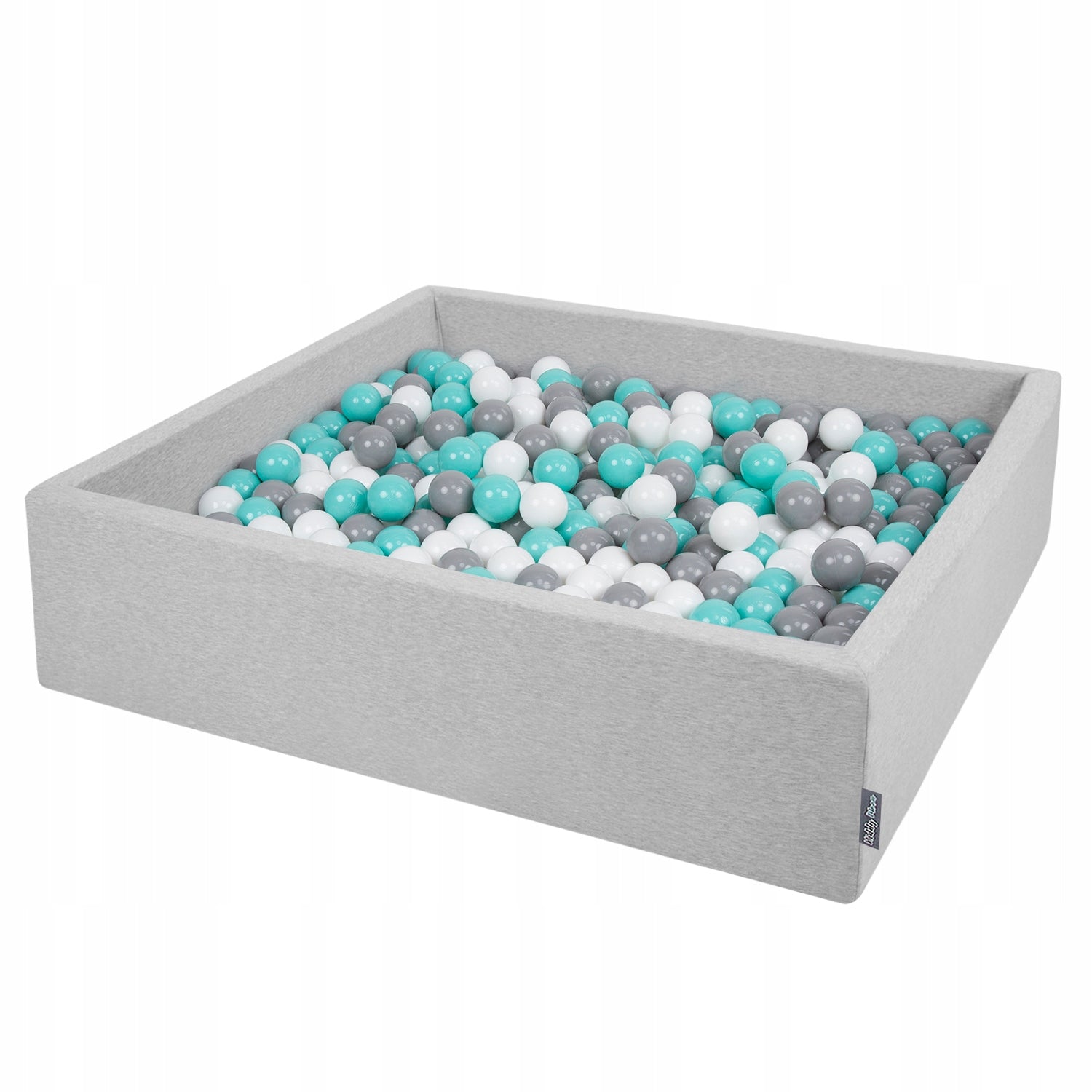 KiddyMoon Schaumstoff-Quadratpool mit Bällen 120 x 30 cm/1000 Bälle ∅7 cm. Das Produkt ist zertifiziert, hergestellt in der EU, Hellgrau: Weiß-Grau-Helltürkis 