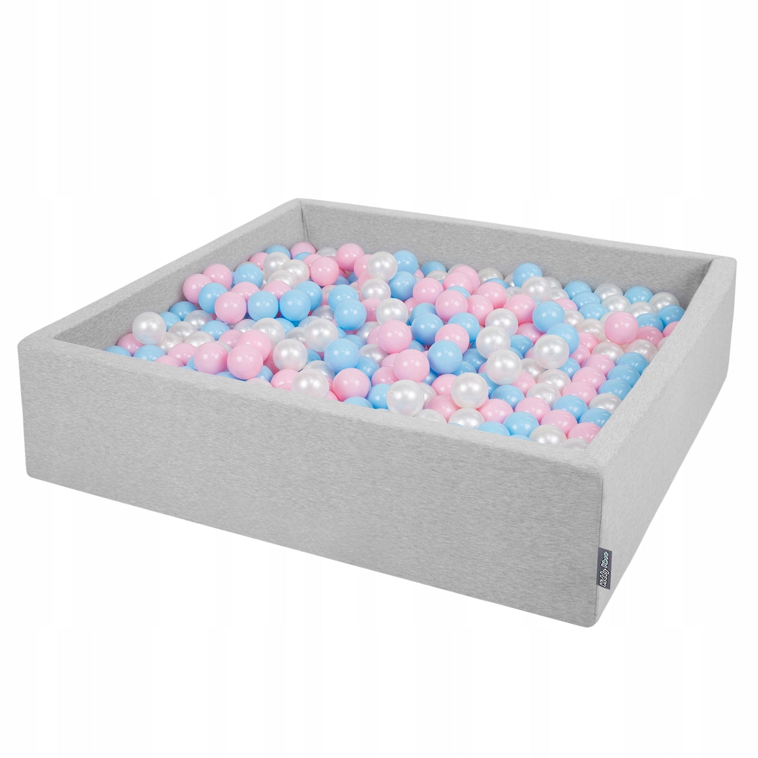 KiddyMoon Schaumstoff-Quadratpool mit Bällen 120 x 30 cm/1000 Bälle ∅7 cm. Zertifiziertes Produkt, hergestellt in der EU, Hellgrau: Hellblau-Puderrosa-Perlmutt 
