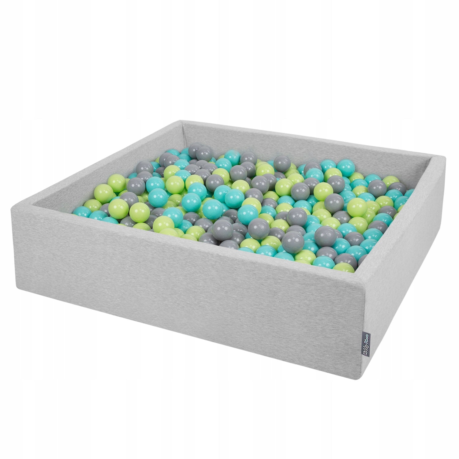 KiddyMoon Schaumstoff-Quadratpool mit Bällen 120 x 30 cm/1000 Bälle ∅7 cm. Das Produkt ist zertifiziert, hergestellt in der EU, Hellgrau: Hellgrün-Helltürkis-Grau 