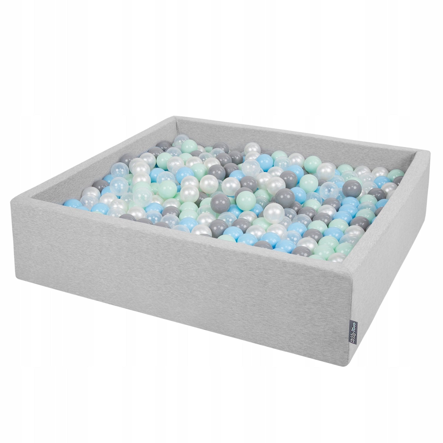 KiddyMoon Schaumstoff-Quadratpool mit Bällen 120 x 30 cm/1000 Bälle ∅7 cm. Zertifiziertes Produkt, hergestellt in der EU, Hellgrau: Perlenfarbe-Grau-Transparent-Puderrosa 