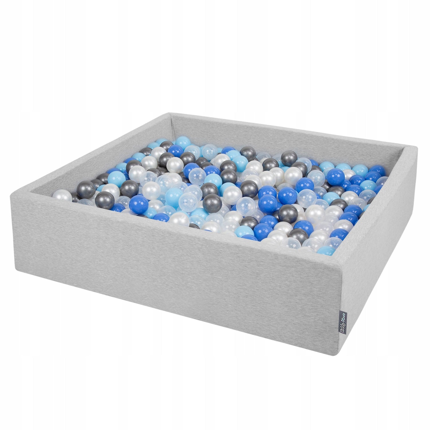 KiddyMoon Schaumstoff-Quadratpool mit Bällen 120 x 30 cm/600 Bälle ∅7 cm. Zertifiziertes Produkt, hergestellt in der EU, Hellgrau: Perlenfarbe-Blau-Hellblau-Transparent 