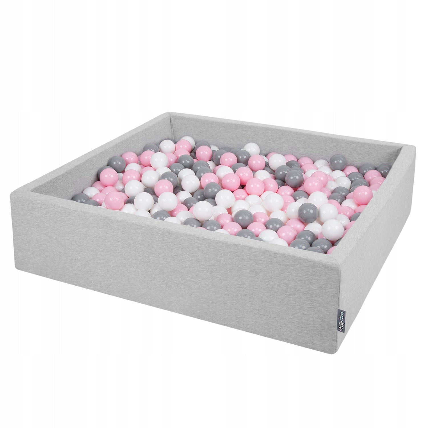 KiddyMoon Schaumstoff-Quadratpool mit Bällen 120 x 30 cm/600 Bälle ∅7 cm. Das Produkt ist zertifiziert, hergestellt in der EU, Hellgrau: Weiß-Grau-Puderrosa 