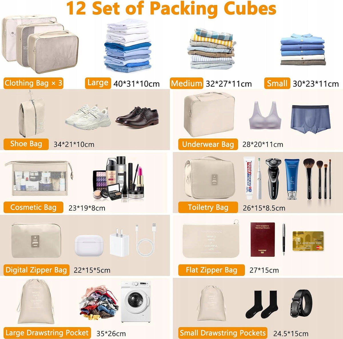 SUITCASE ORGANIZER 12-PIECE SET OF BEIGE COMPRESSION BAGS Color beige