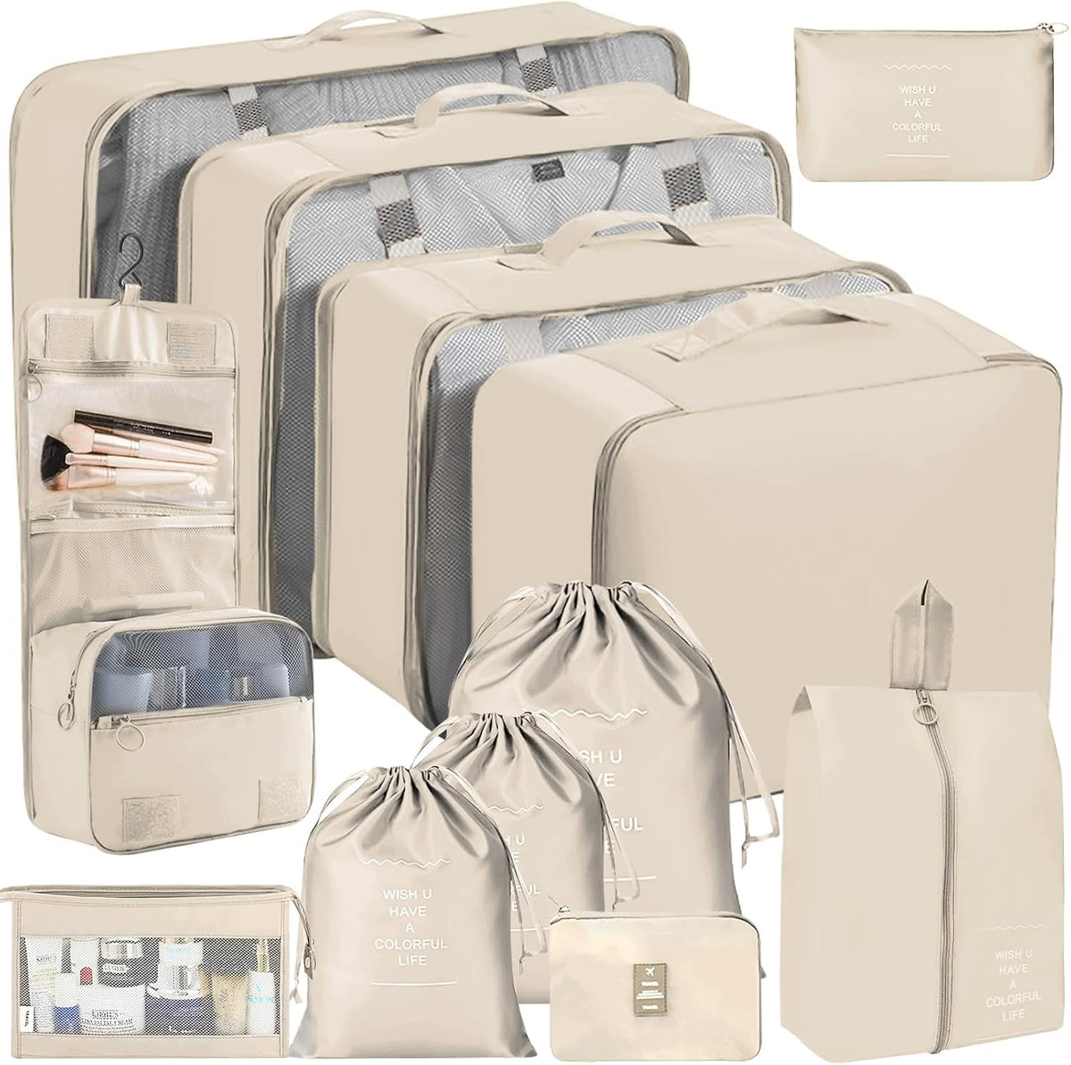 SUITCASE ORGANIZER 12-PIECE SET OF BEIGE COMPRESSION BAGS