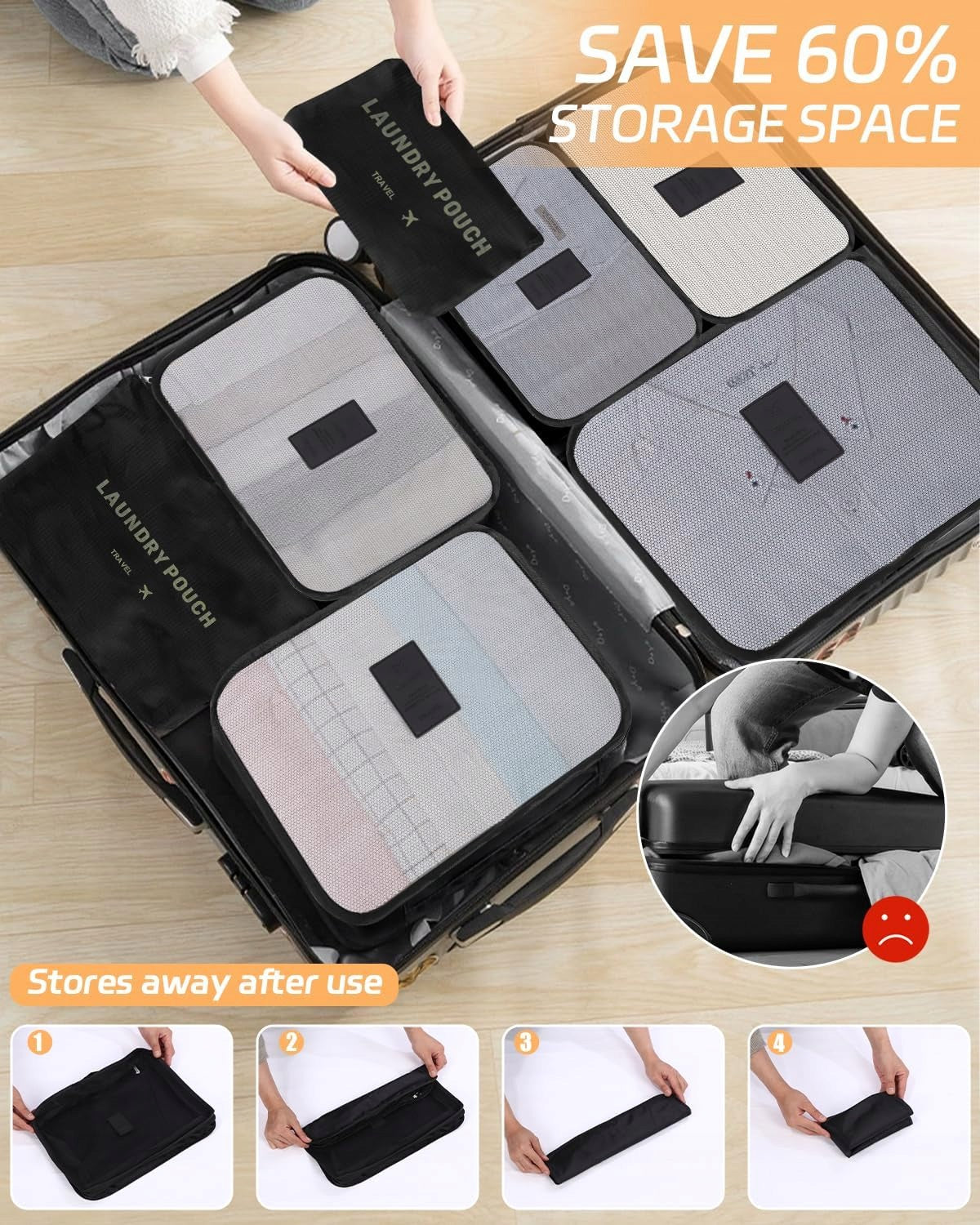 SUITCASE ORGANIZER SET OF 12 PCS BLACK MULTICOLOR COMPRESSION FABRIC Brand no brand
