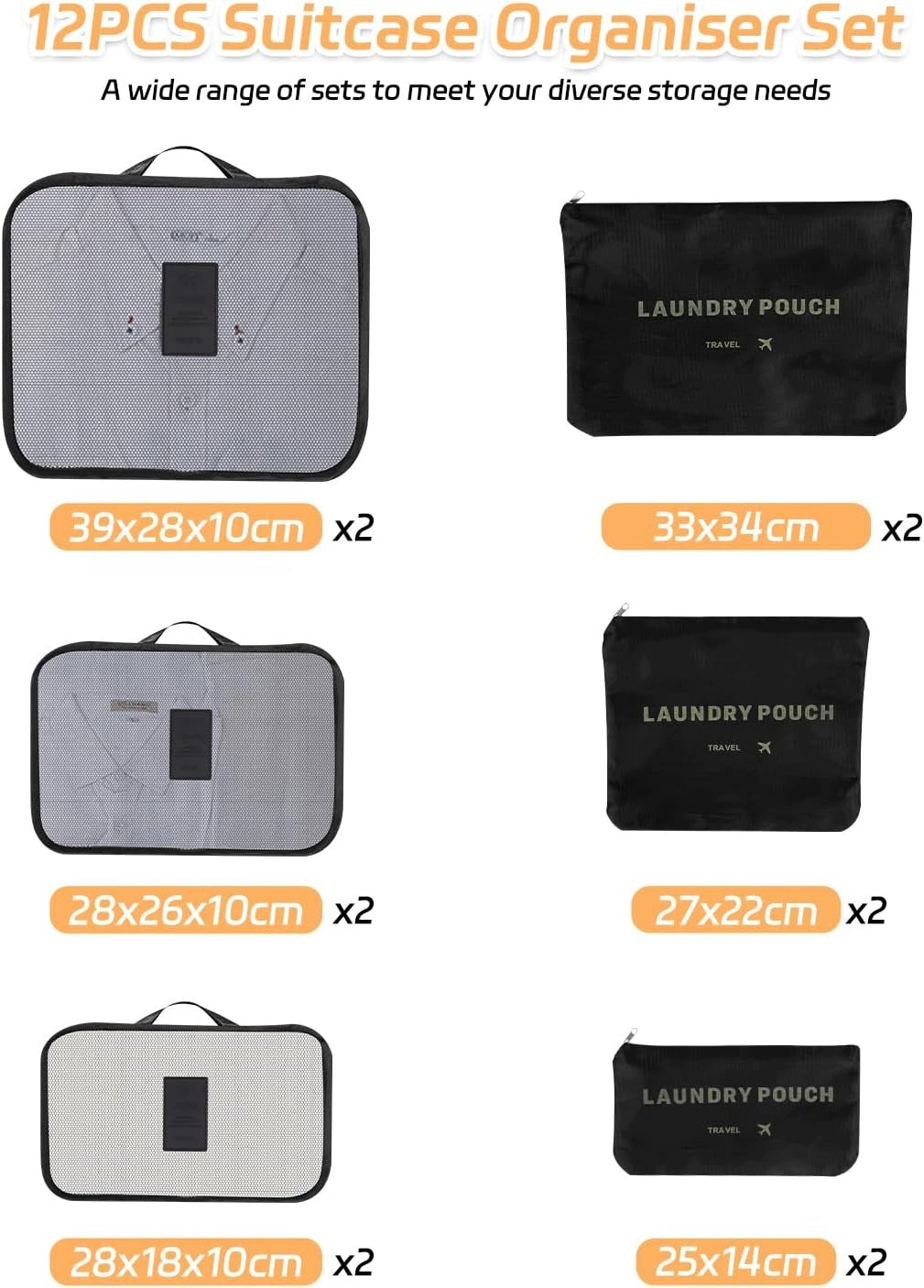 SUITCASE ORGANIZER SET OF 12 PCS BLACK MULTICOLOR COMPRESSION FABRIC Color black