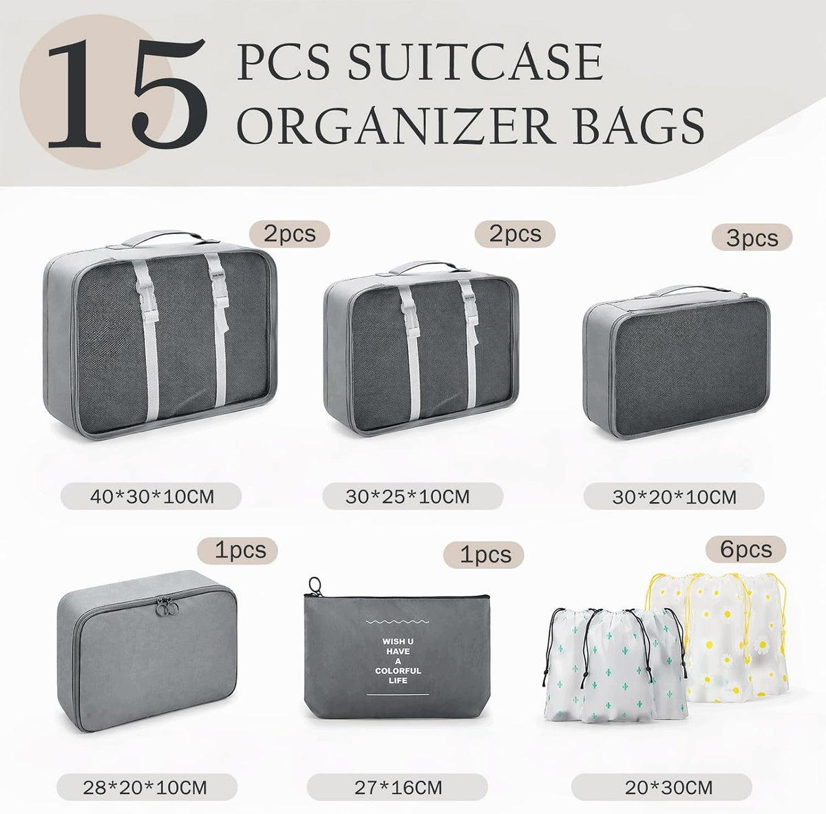 SUITCASE ORGANIZERS 15 PARTS GREY CUBES HANDBAGS TRAVEL COVERS Color gray