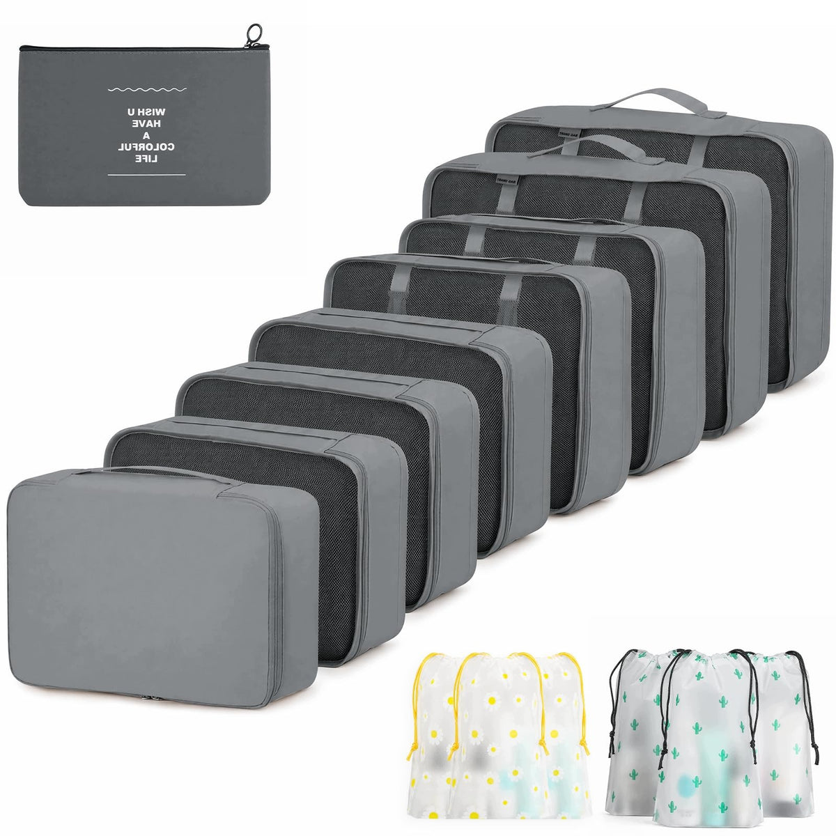 SUITCASE ORGANIZERS 15 PARTS GREY CUBES HANDBAGS TRAVEL COVERS
