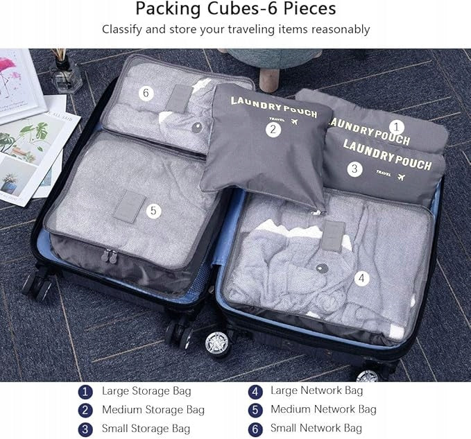 SUITCASE ORGANIZERS 6 PCS TRAVEL CUBES LUGGAGE BAGS GREY Color gray