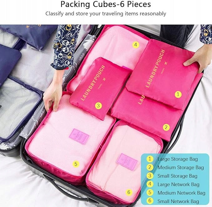 SUITCASE ORGANIZERS 6 PCS TRAVEL CUBES LUGGAGE BAGS PINK Manufacturer code ORGANIZERY DO WALIZKI 6 SZT. KOSTKI