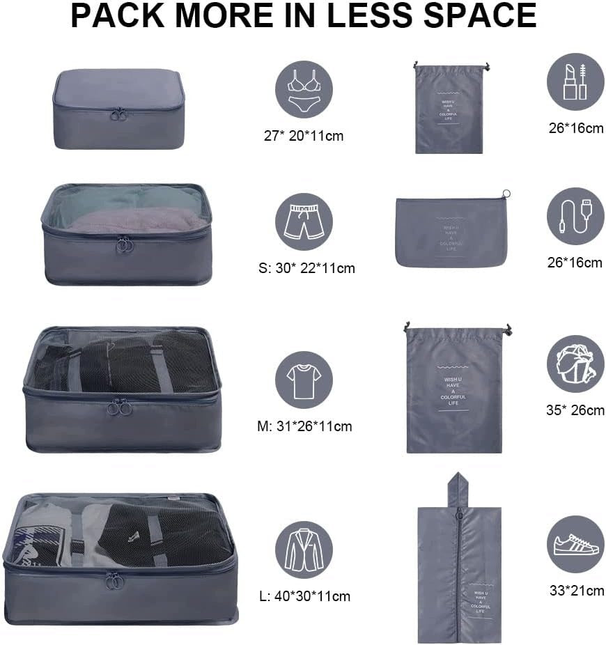 SUITCASE ORGANIZERS SET OF 8PCS TRAVEL CUBES COSMETIC BAG FOR SHOES Packaging status original