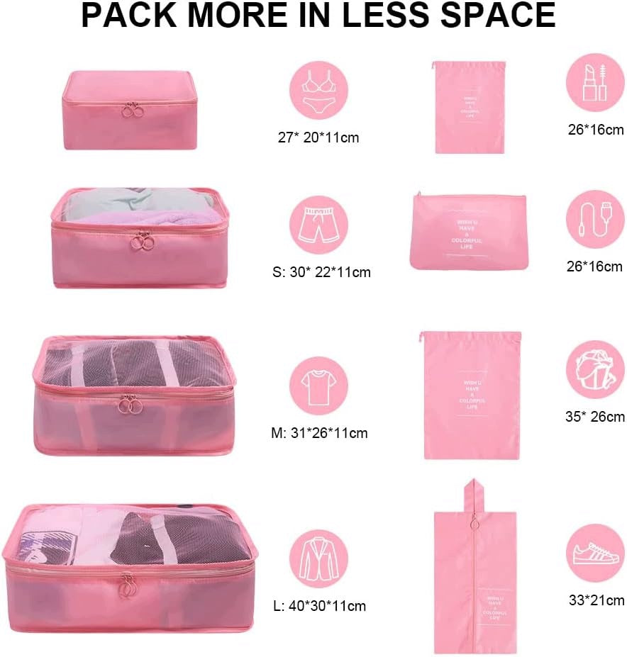 SUITCASE ORGANIZERS SET OF 8PCS TRAVEL CUBES COSMETIC BAG FOR SHOES Packaging status original