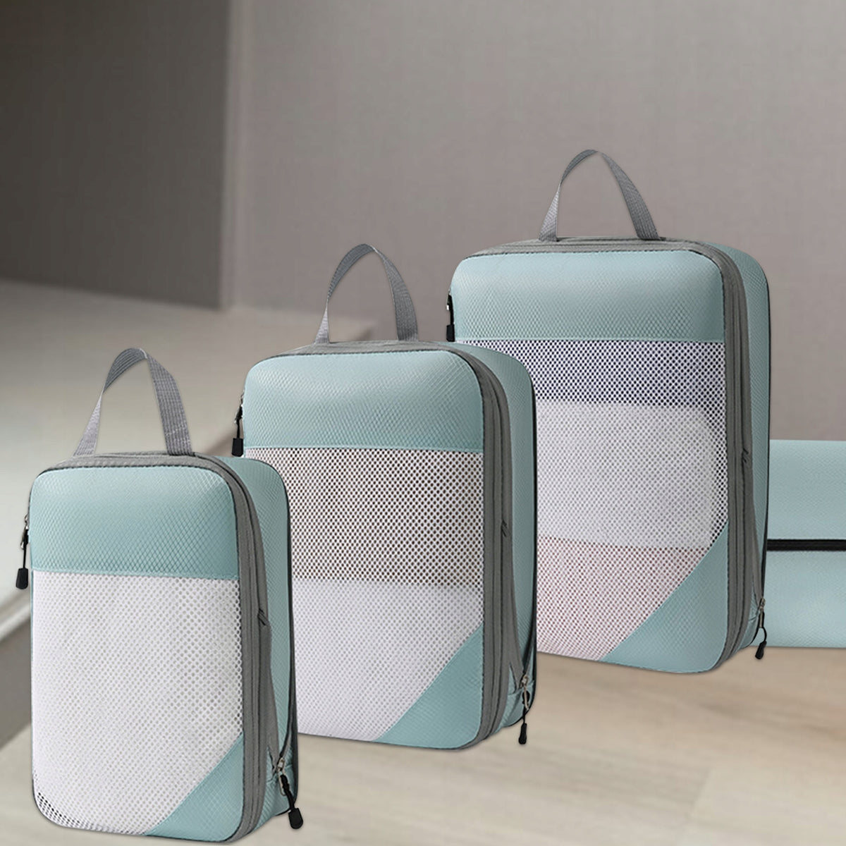 SUITCASE PACKING ORGANIZER: COMPRESSION TRAVEL BAGS SET OF 4 Color blue
