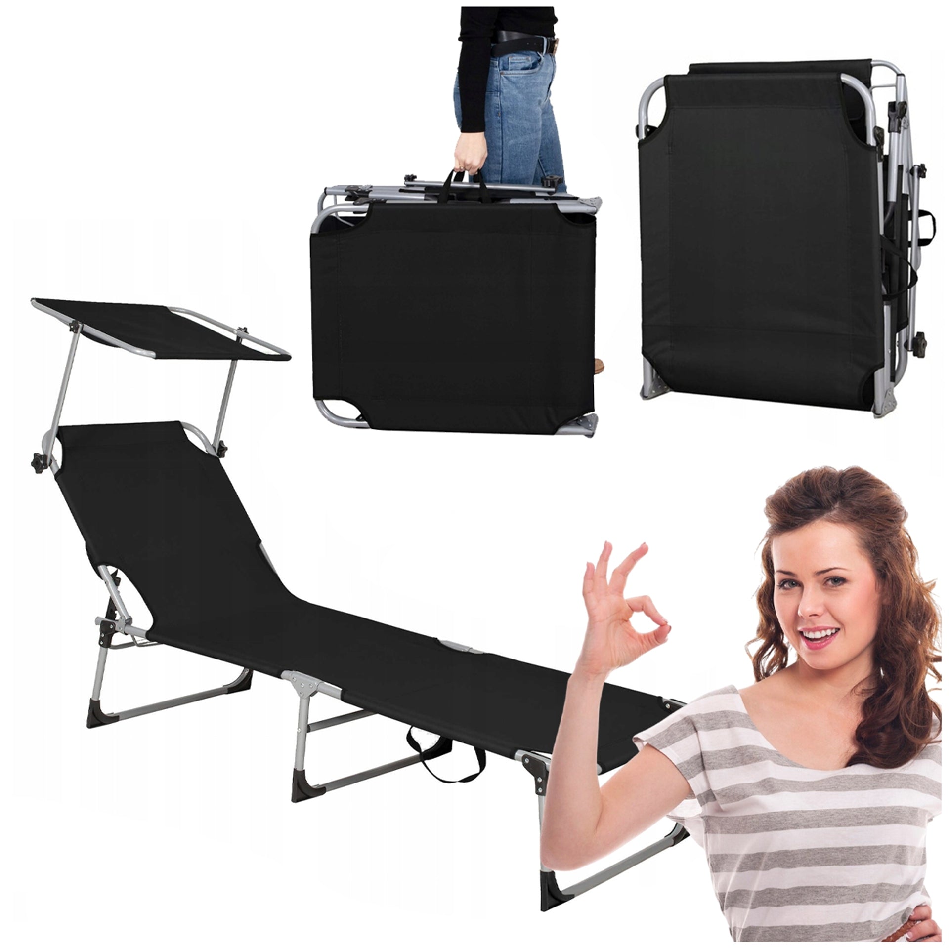 SUN LOUNGER BEACH CHAIR CANOPY FOLDING COUCH WITH VISOR FOR TERRACE BALCONY Packaging status original