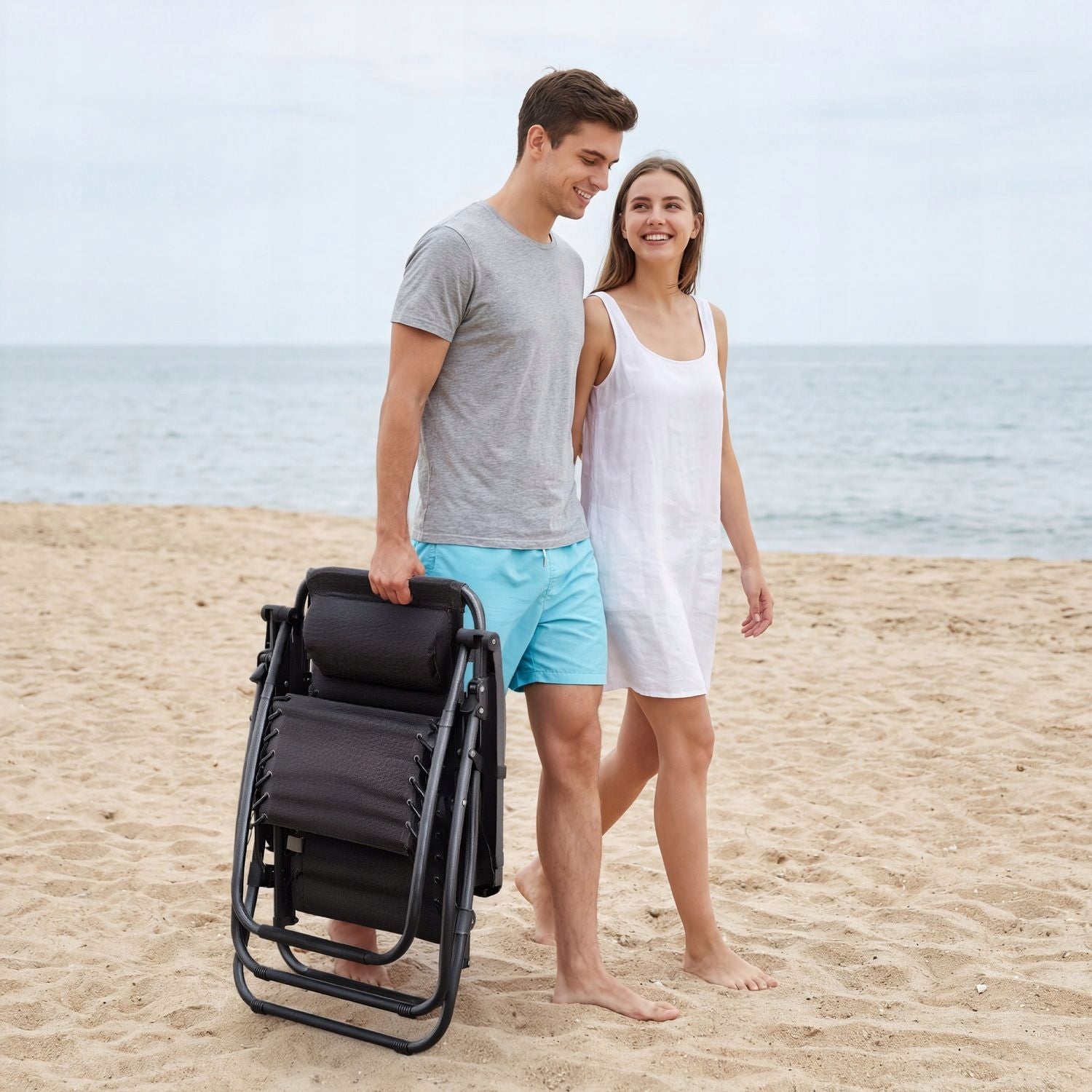 SUN LOUNGER BEACH CHAIR FOLDING ZERO GRAVITY ADJUSTABLE LUVERNO Color black