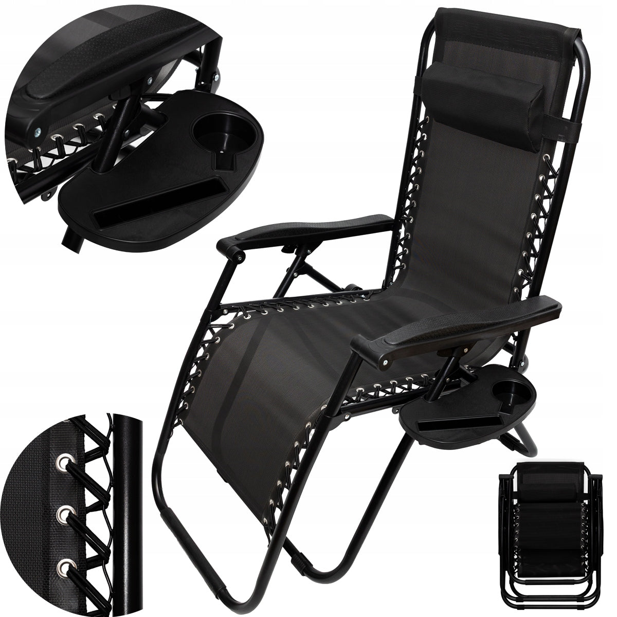 SUN LOUNGER FOLDING GARDEN BEACH CHAIR TOURIST SOLID TABLE HEADREST