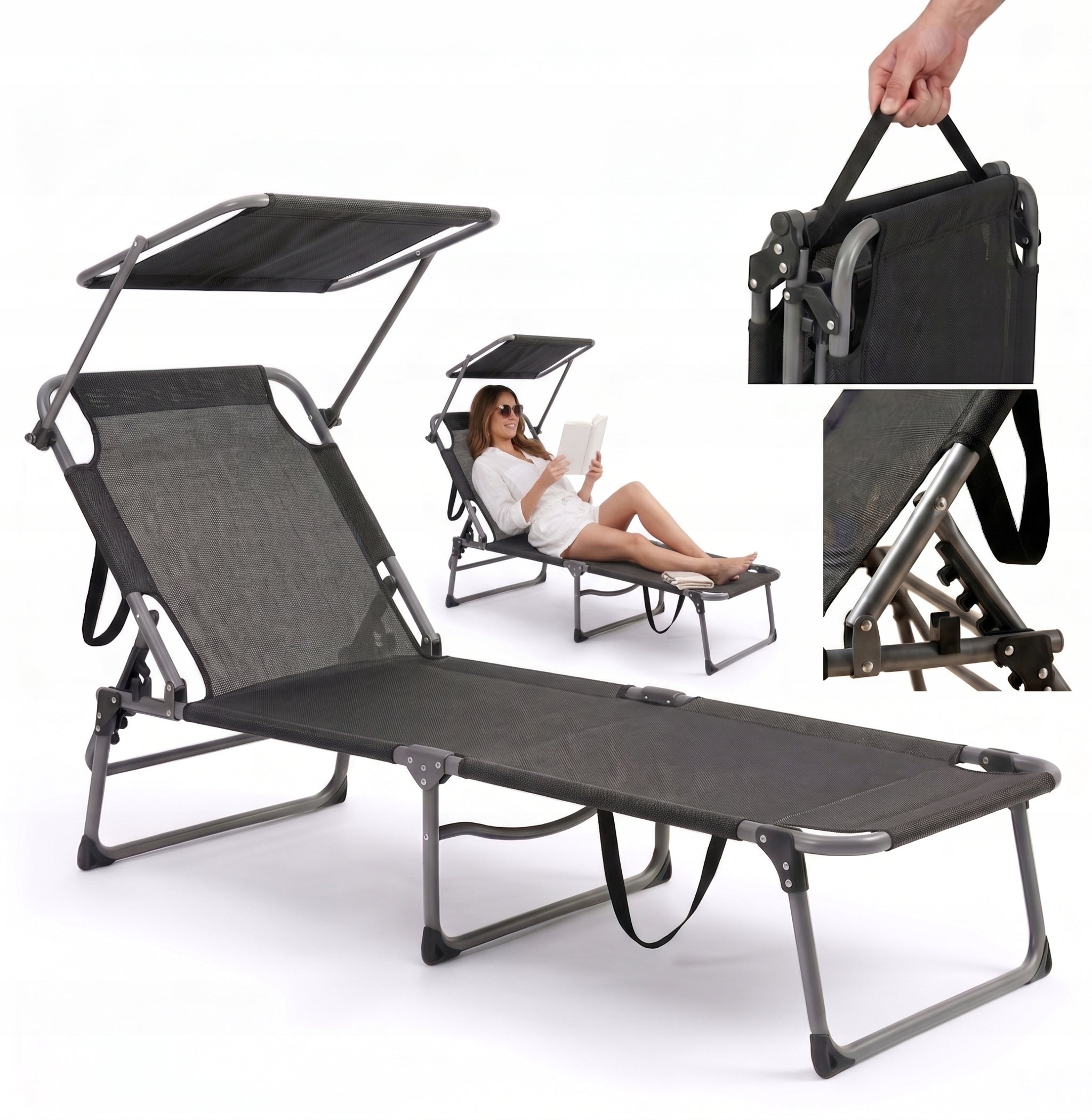SUN LOUNGER FOLDING WITH VISOR GARDEN CHAIR BEACH CAMPING CHAIR 120KG Packaging status original