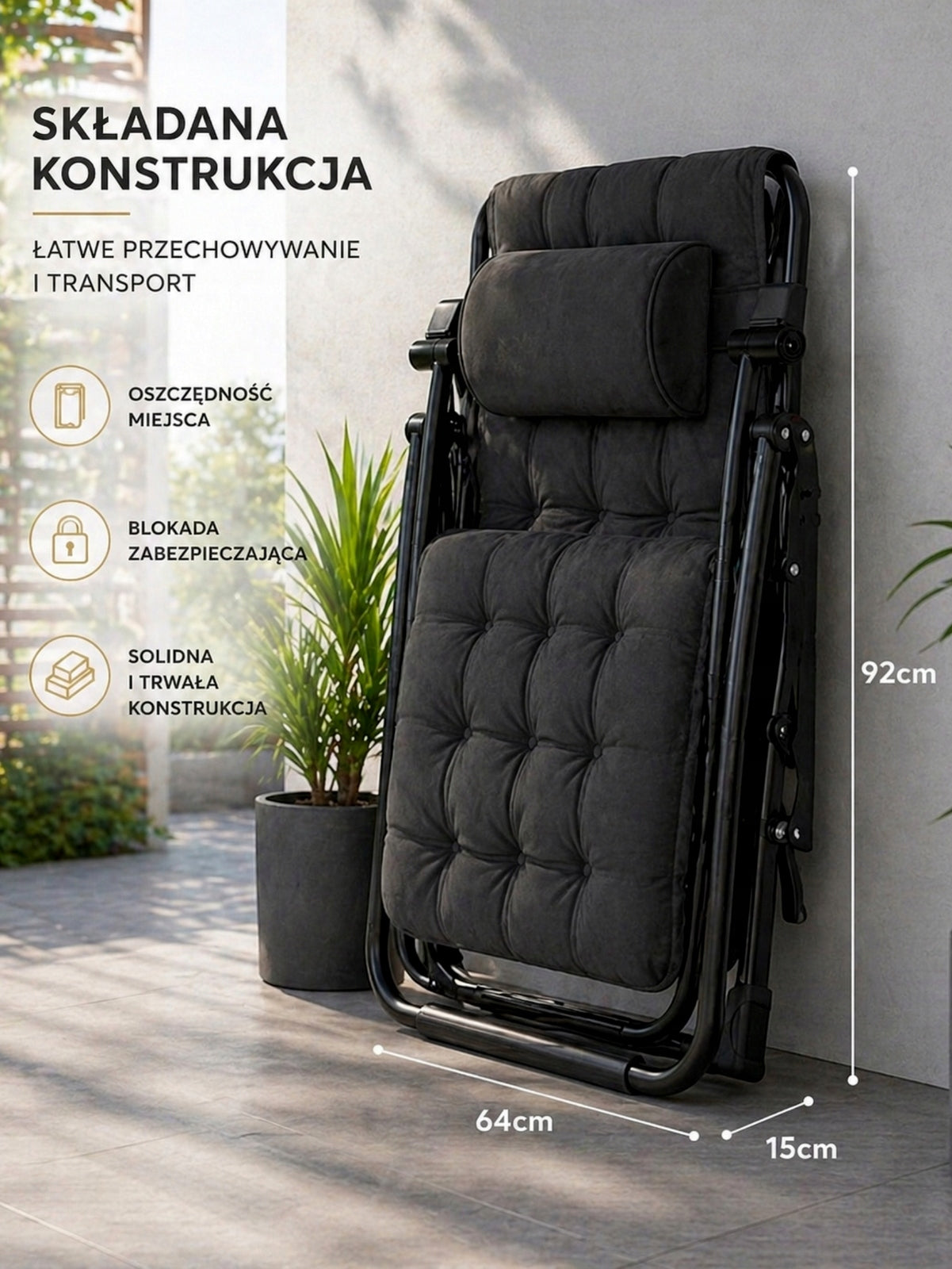 SUN LOUNGER GARDEN BEACH CHAIR FOLDING WITH CUSHION GRILL CAMPING CHAIR Color black