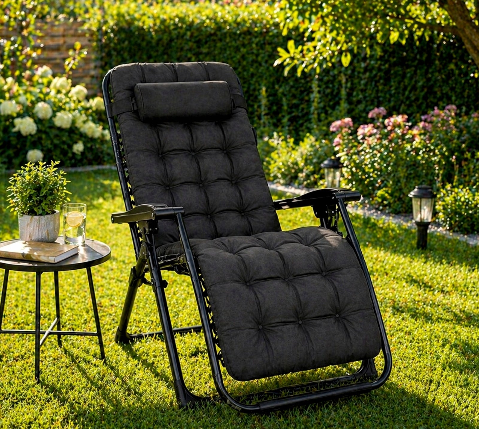 SUN LOUNGER GARDEN BEACH CHAIR FOLDING WITH CUSHION GRILL CAMPING CHAIR Kind sunbed