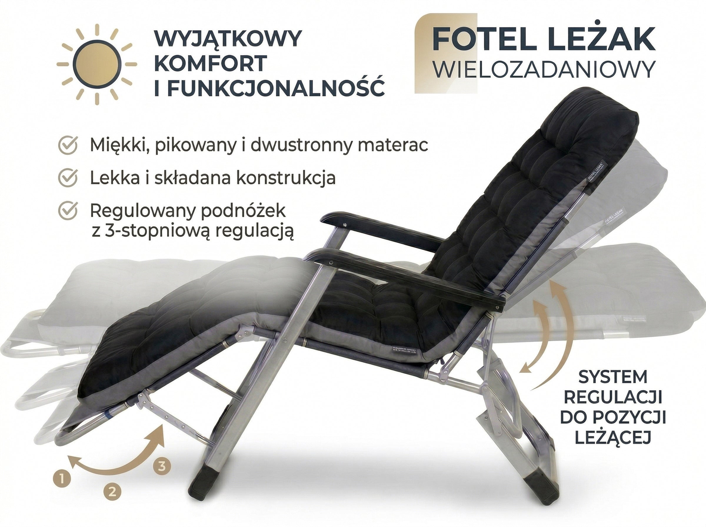 SUN LOUNGER WITH DOUBLE-SIDED CUSHION GARDEN CHAIR FOLDING LIGHT BEACH CHAIR Manufacturer code L-044