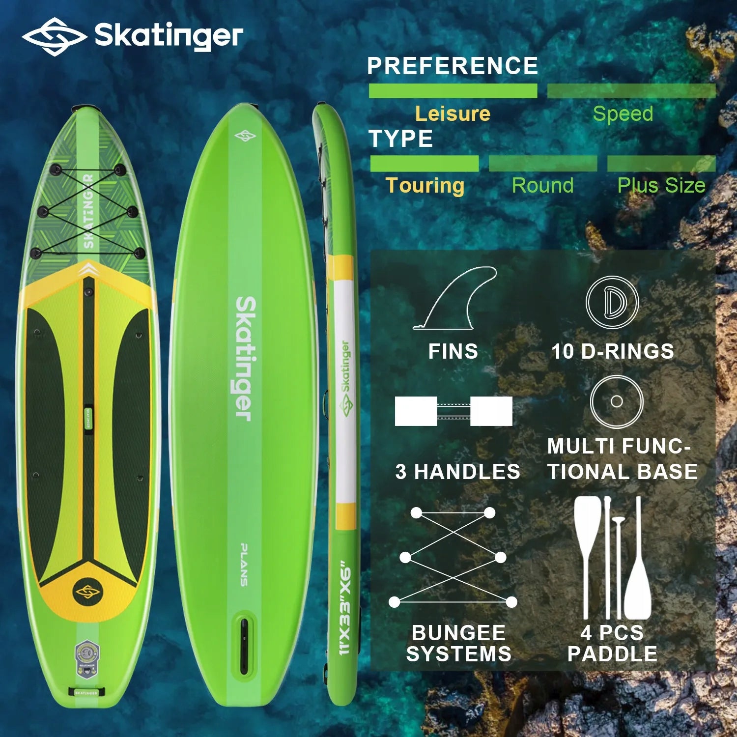 SUP board pumped SKATINGER Plan S Green 11' 335x84x15 cm touring with paddles Brand Skatinger
