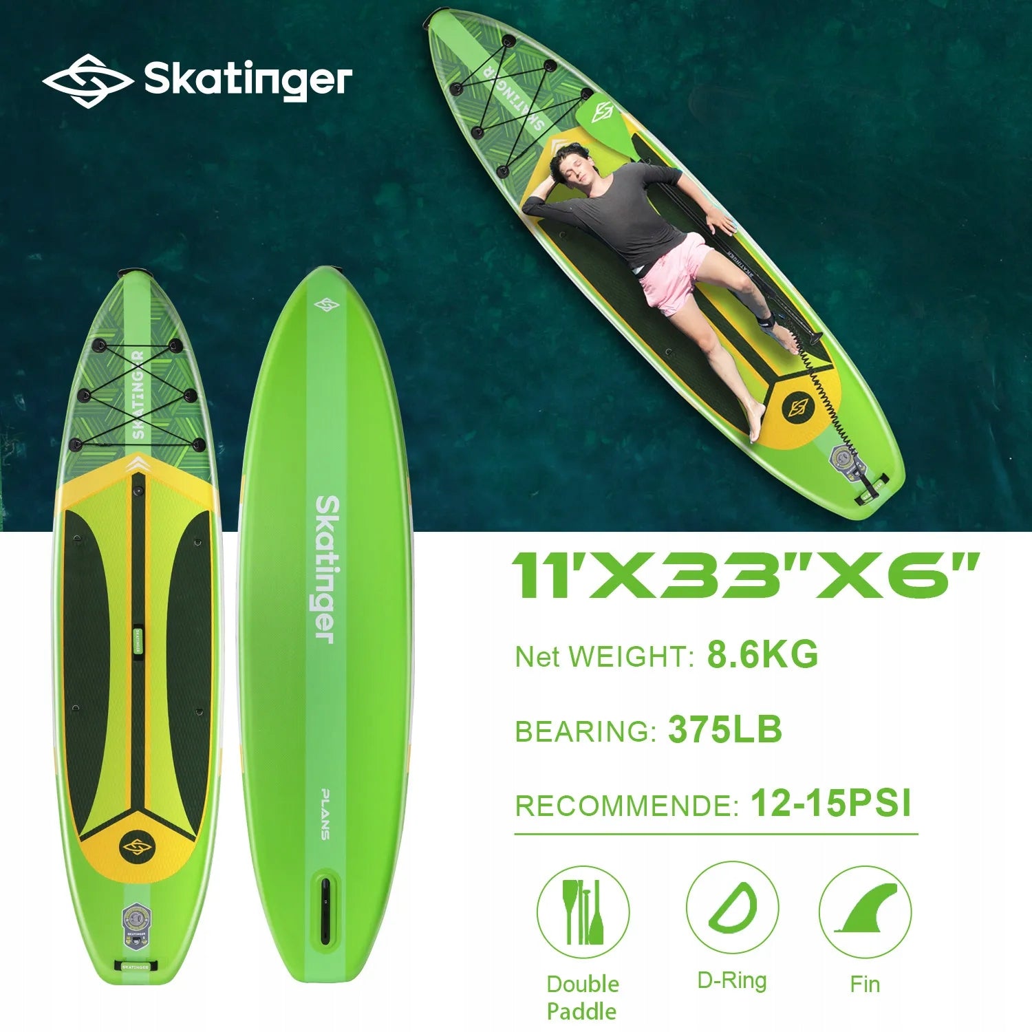 SUP board pumped SKATINGER Plan S Green 11' 335x84x15 cm touring with paddles Packaging status original