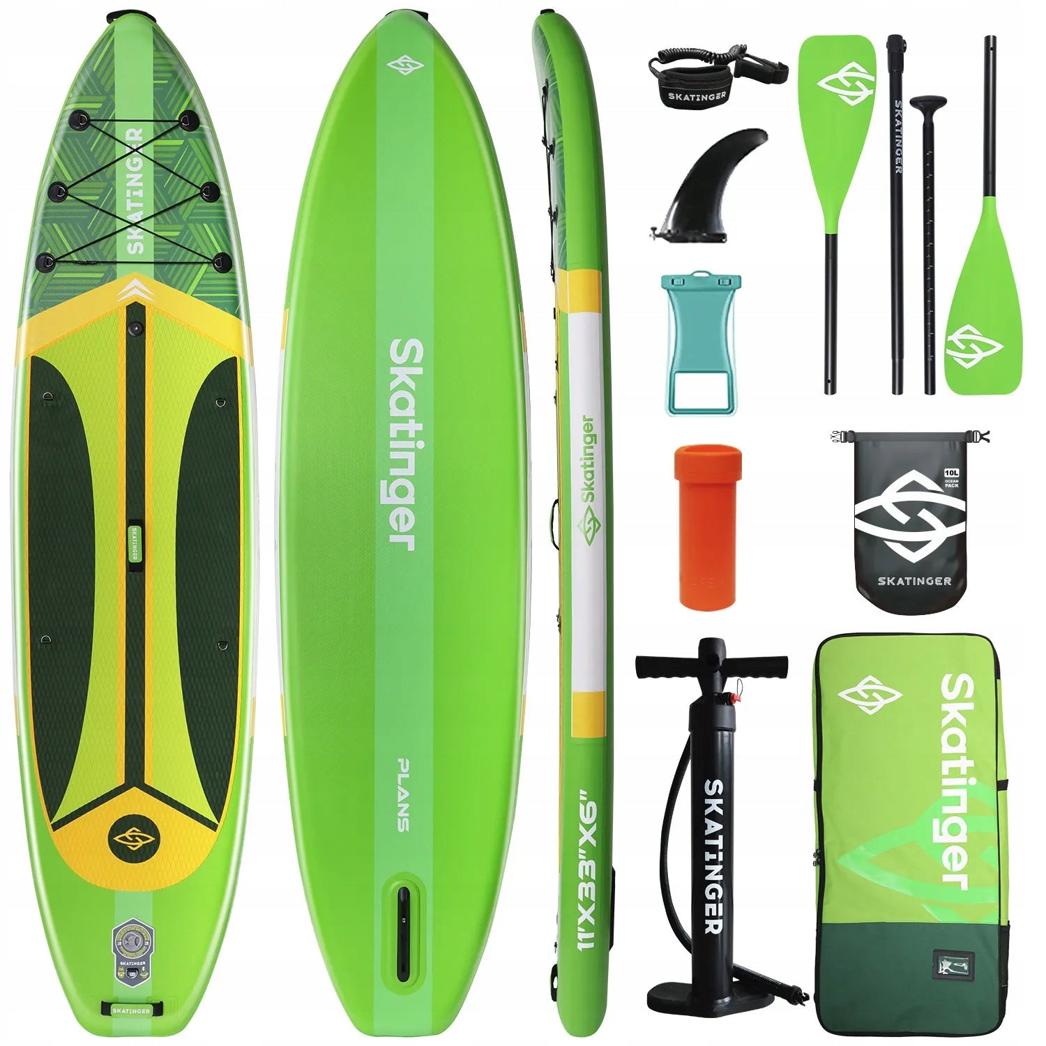 SUP board pumped SKATINGER Plan S Green 11' 335x84x15 cm touring with paddles