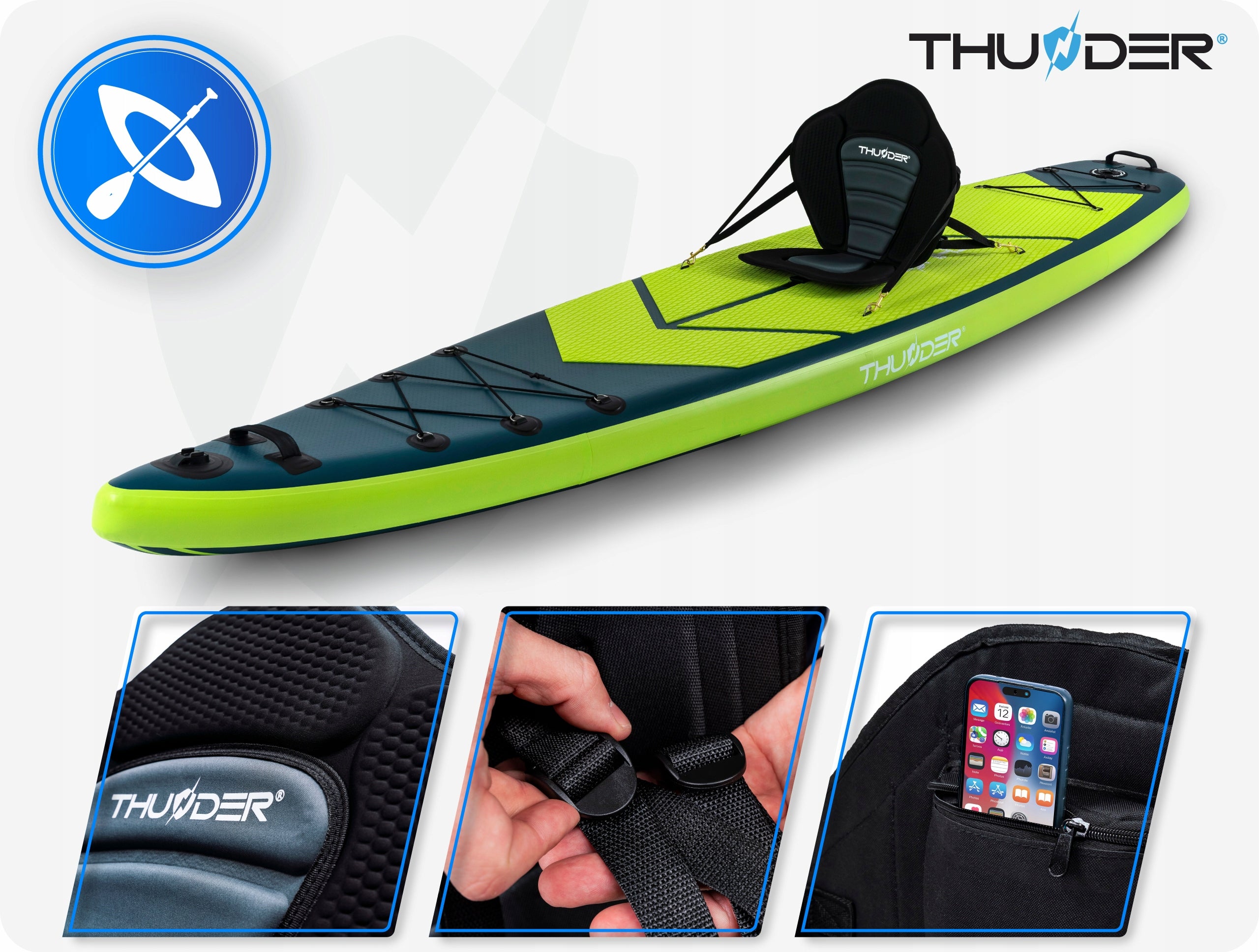 SUP board pumped with GoPro seat for swimming 365 cm paddle THUNDER Model VISO