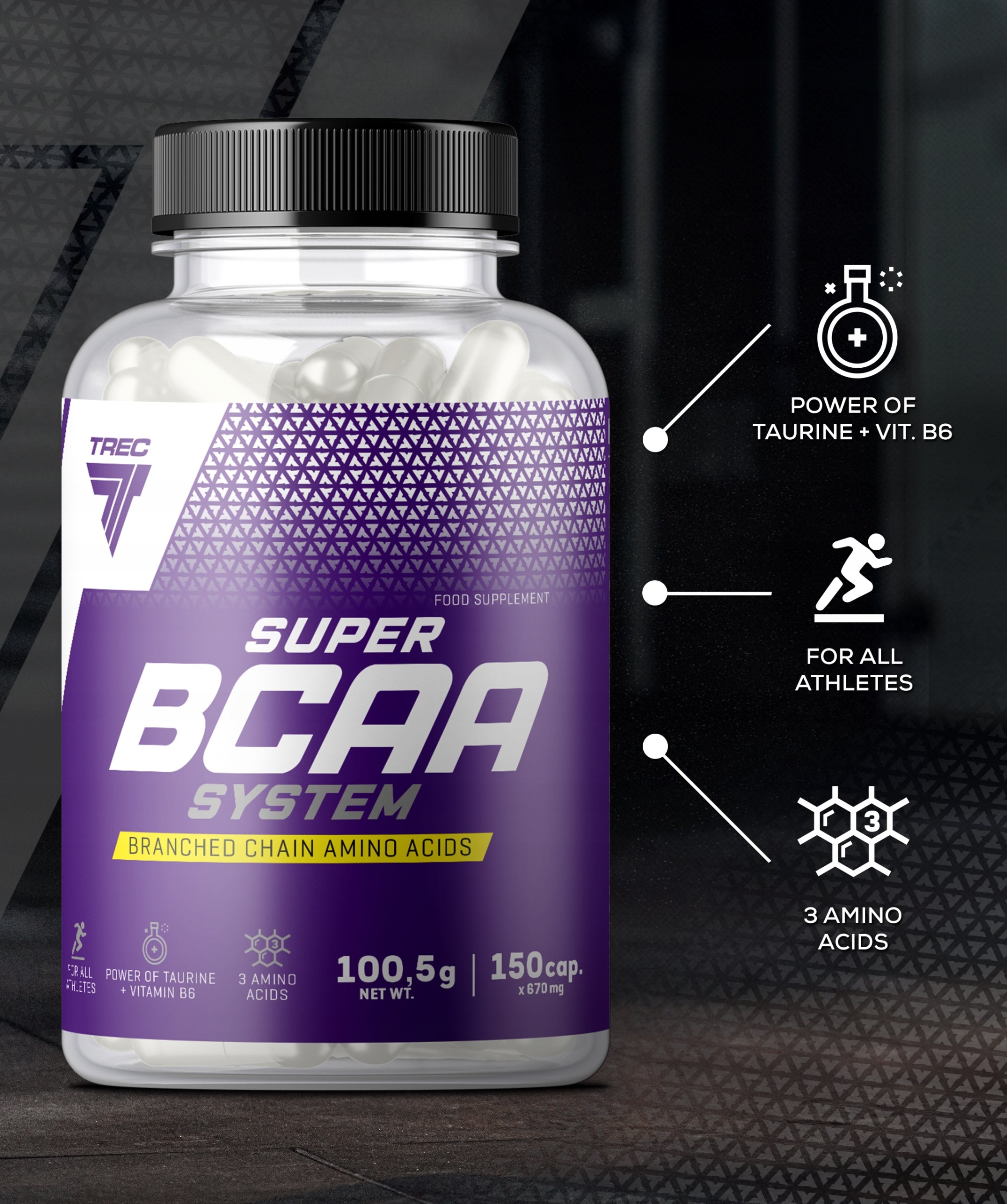 SUPER BCAA SYSTEM 150 caps. TREC ANABOLIC STRENGTH AMINO ACIDS IN CAPSULES Manufacturer code aminokwasy regeneracja moc witamina B6