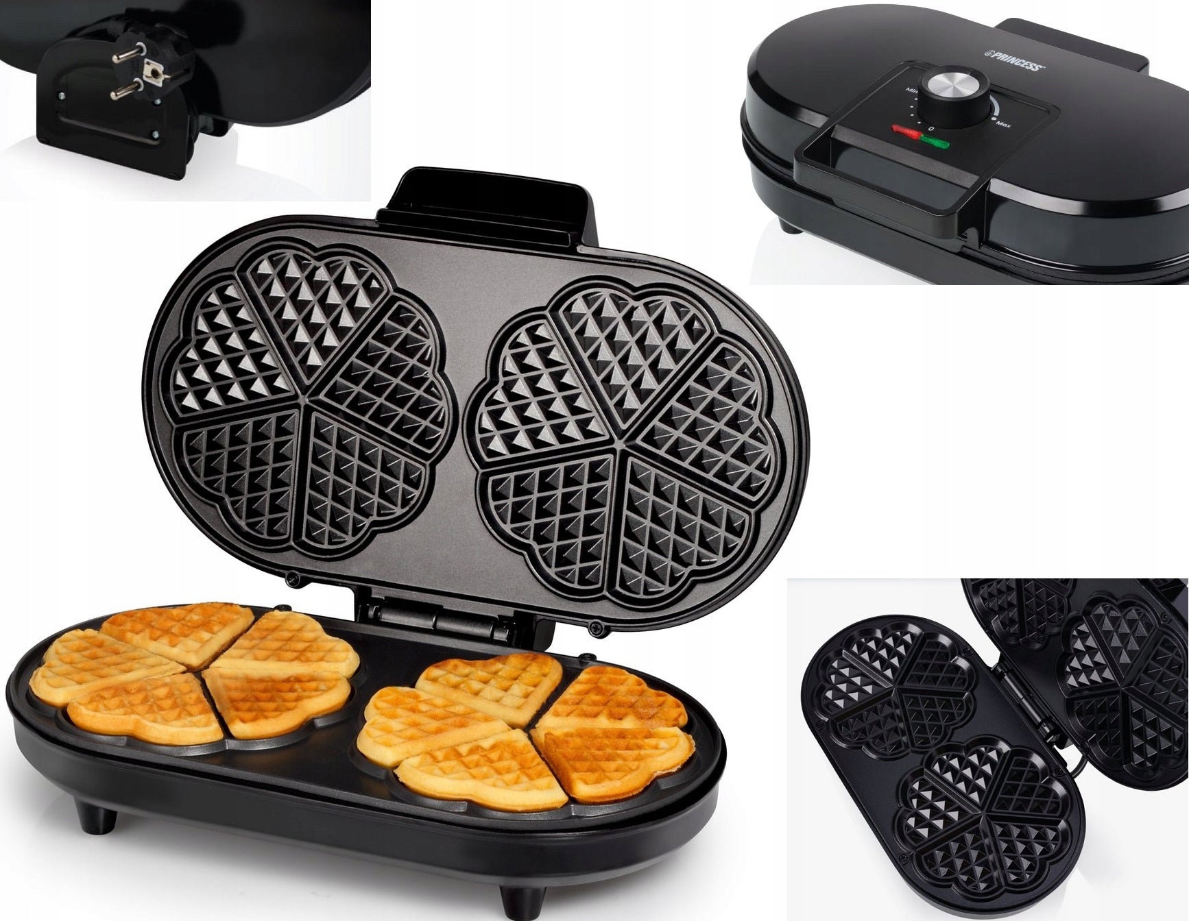 SUPER DOUBLE Waffle Iron 1400W with hearts 10 waffles at a time + THERMOSTAT